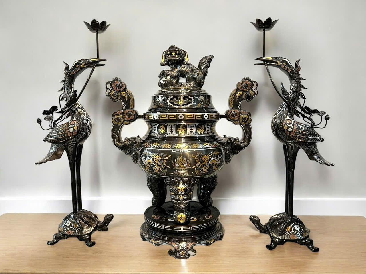 Bộ ngũ sự đúc đồng đỏ khảm ngũ sắc cao cấp cao 60cm_thumbnail_5