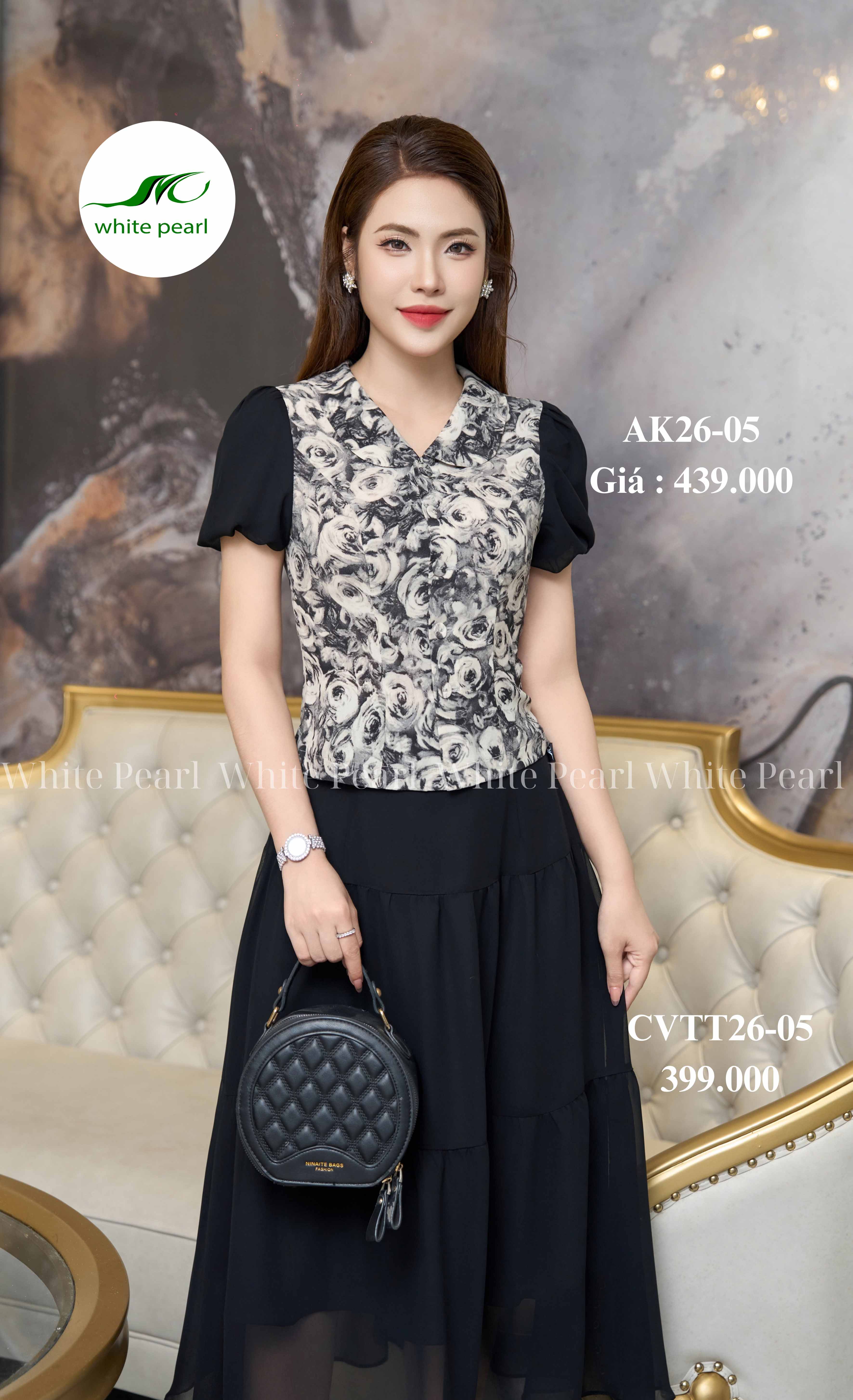 Áo ký giả cổ sam tay bồng thời trang công sở White Pearl