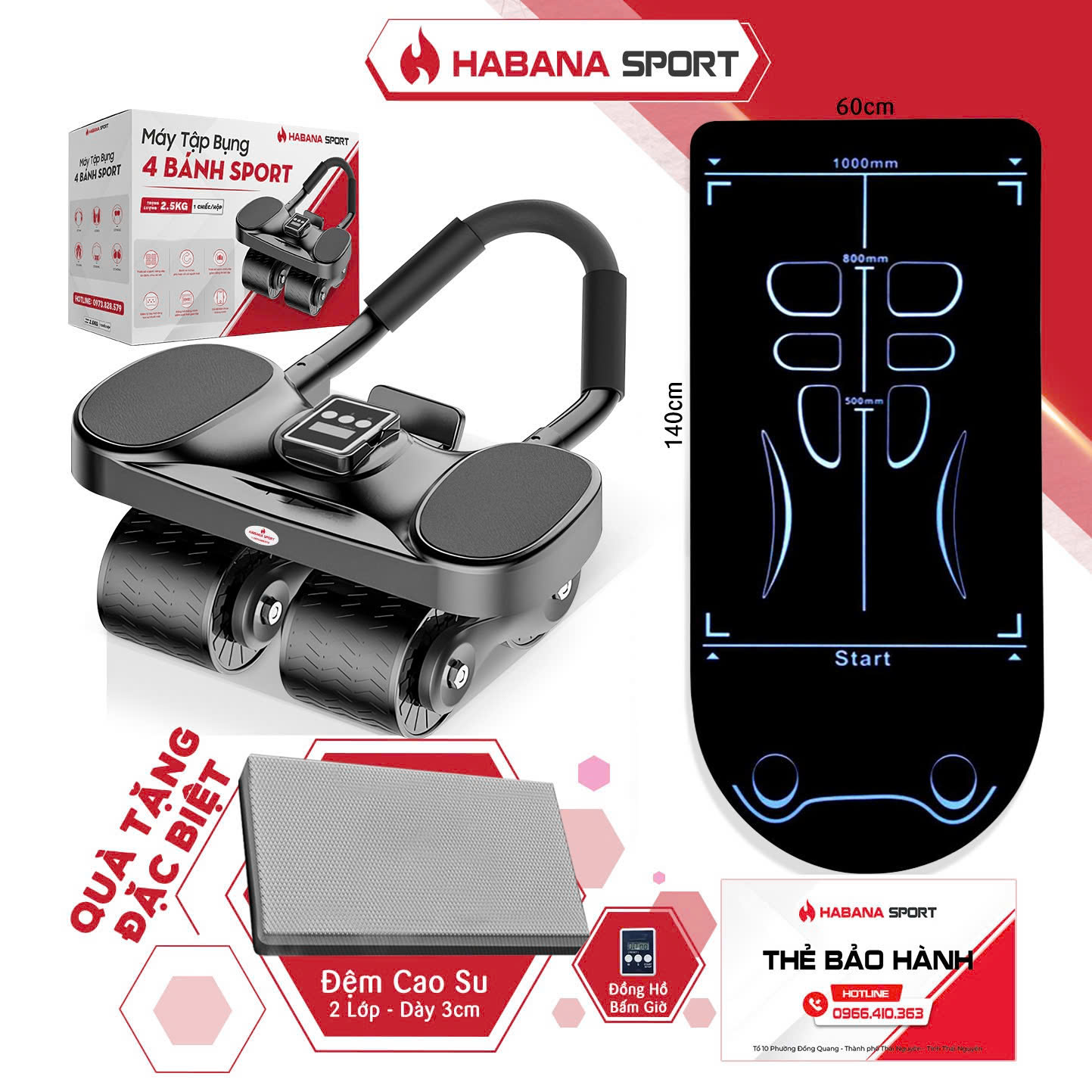 (Máy tập bụng habana + Thảm 1m4 + Đệm Kê Gối 3cm + Đồng Hồ)