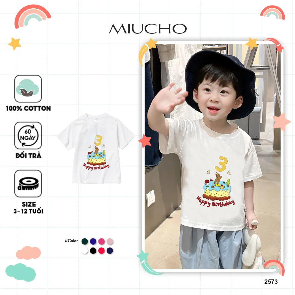 Áo thun cho bé sinh nhật 3 tuổi form rộng 2573 Miucho Kid vải cotton mềm mại thoáng mát thấm hút mồ hôi