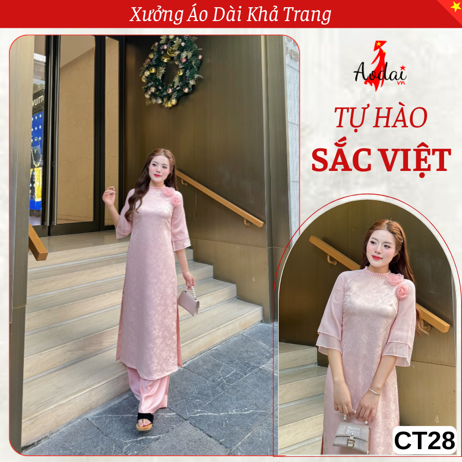 Bộ Áo Dài Cách Tân Suông CT28 màu Hồng Phấn Cổ Xếp Li Tay Lỡ
