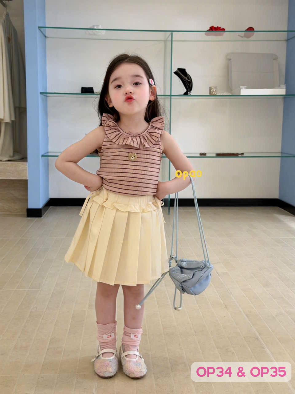 OP34 - Áo sát nách kẻ sọc cổ bèo đính hình gấu hãng Opao