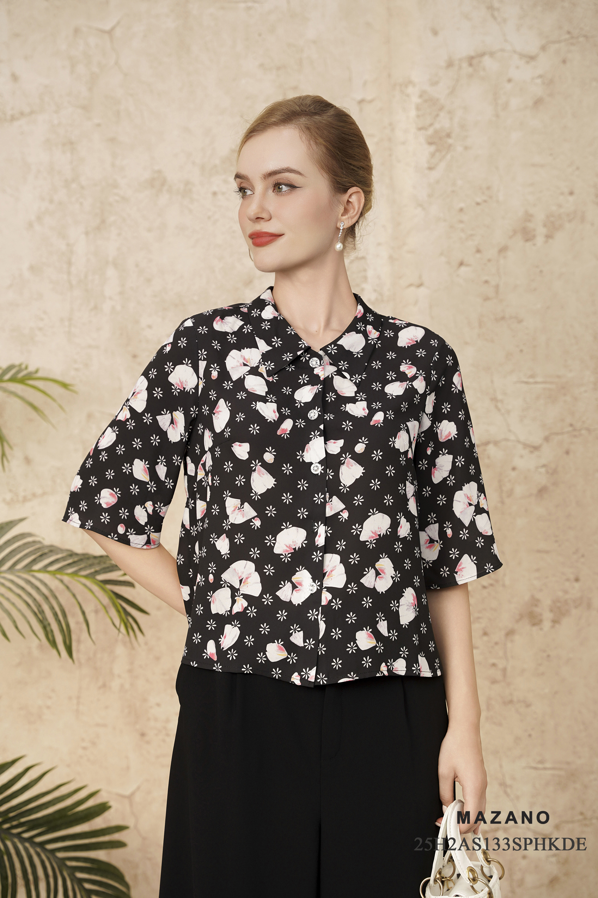 Áo sơ mi suông cài khuy Vải thô mỏng Họa tiết cách điệu Cổ bẻ Tay lỡ Dài áo qua eo