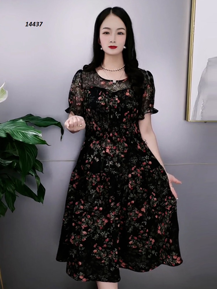 14437-Đầm voan xòe tay ngắn dún eo họa tiêt hoa lá đỏ xanh_thumbnail_3