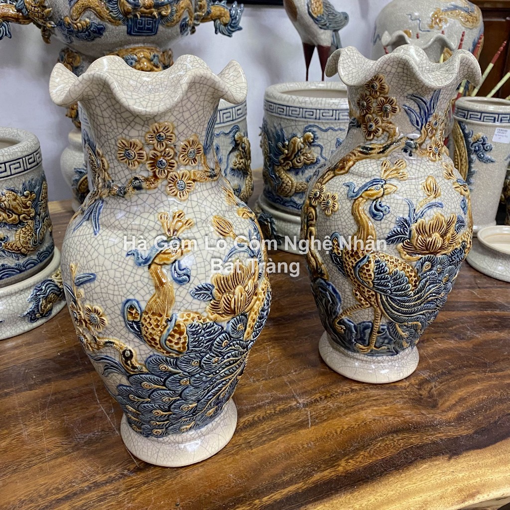 Lọ Hoa Thờ Cúng Lượn Chim Công Hoa Đào - Tài Lộc Phú Quý 26cm, 32cm- Men Rạn Gốm Sứ Bát Tràng_thumbnail_4