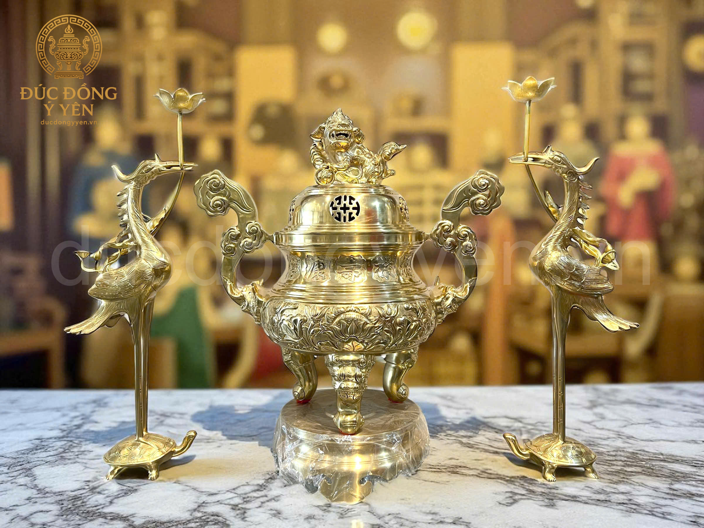 Bộ tam sự cao 60cm hoa văn sen đúc đồng cát tút