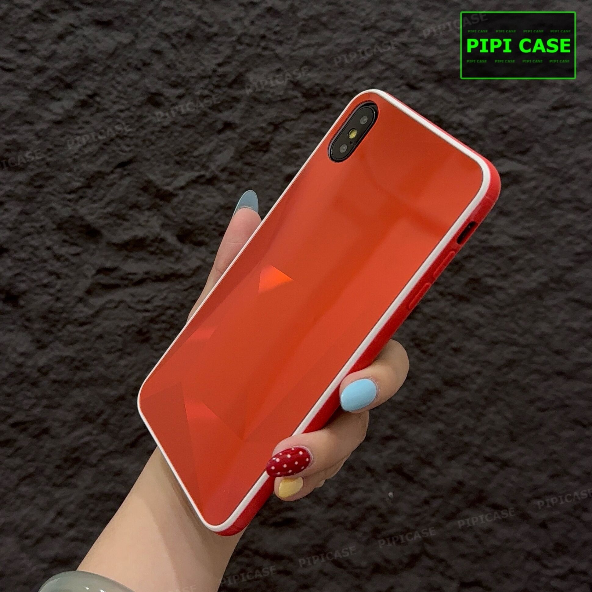 Ốp Lưng iPhone X / XS - Kim Cương 6D - Đỏ Viền Trắng