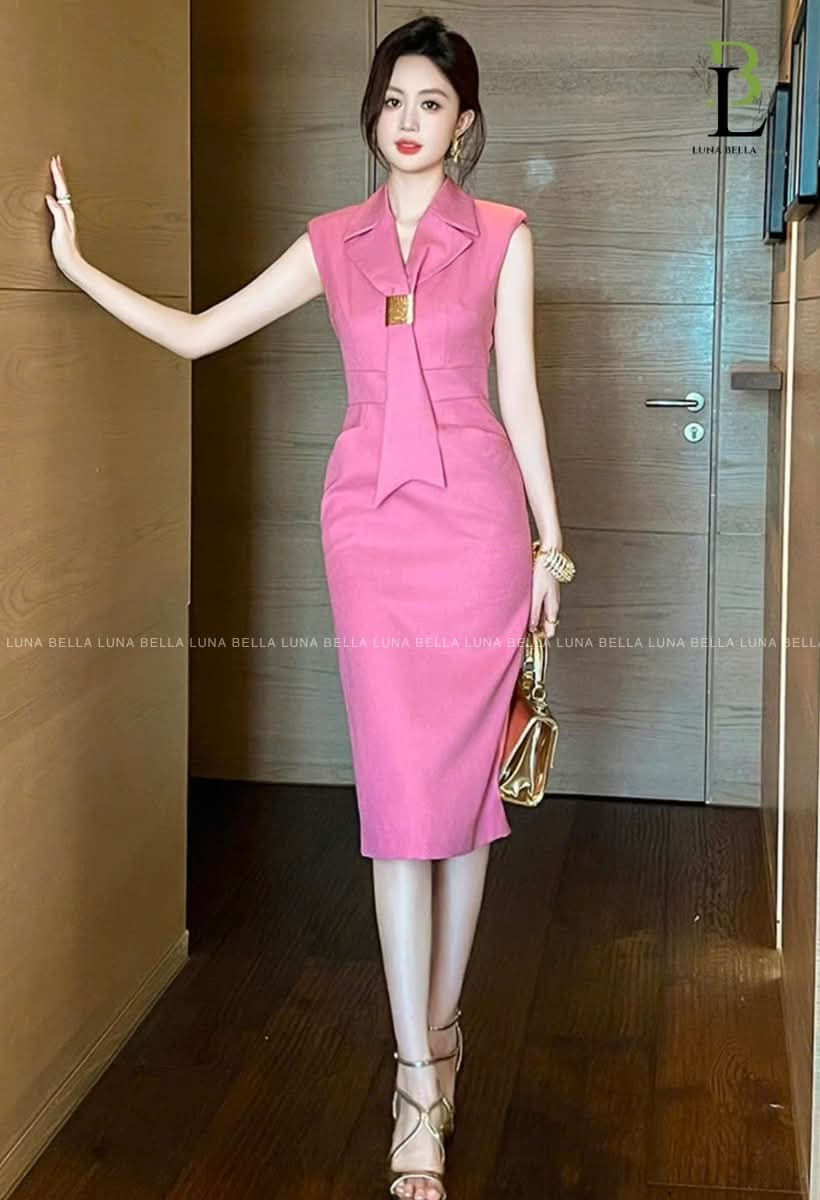 Đầm tay hến cổ cách điệu CADY màu HỒNG