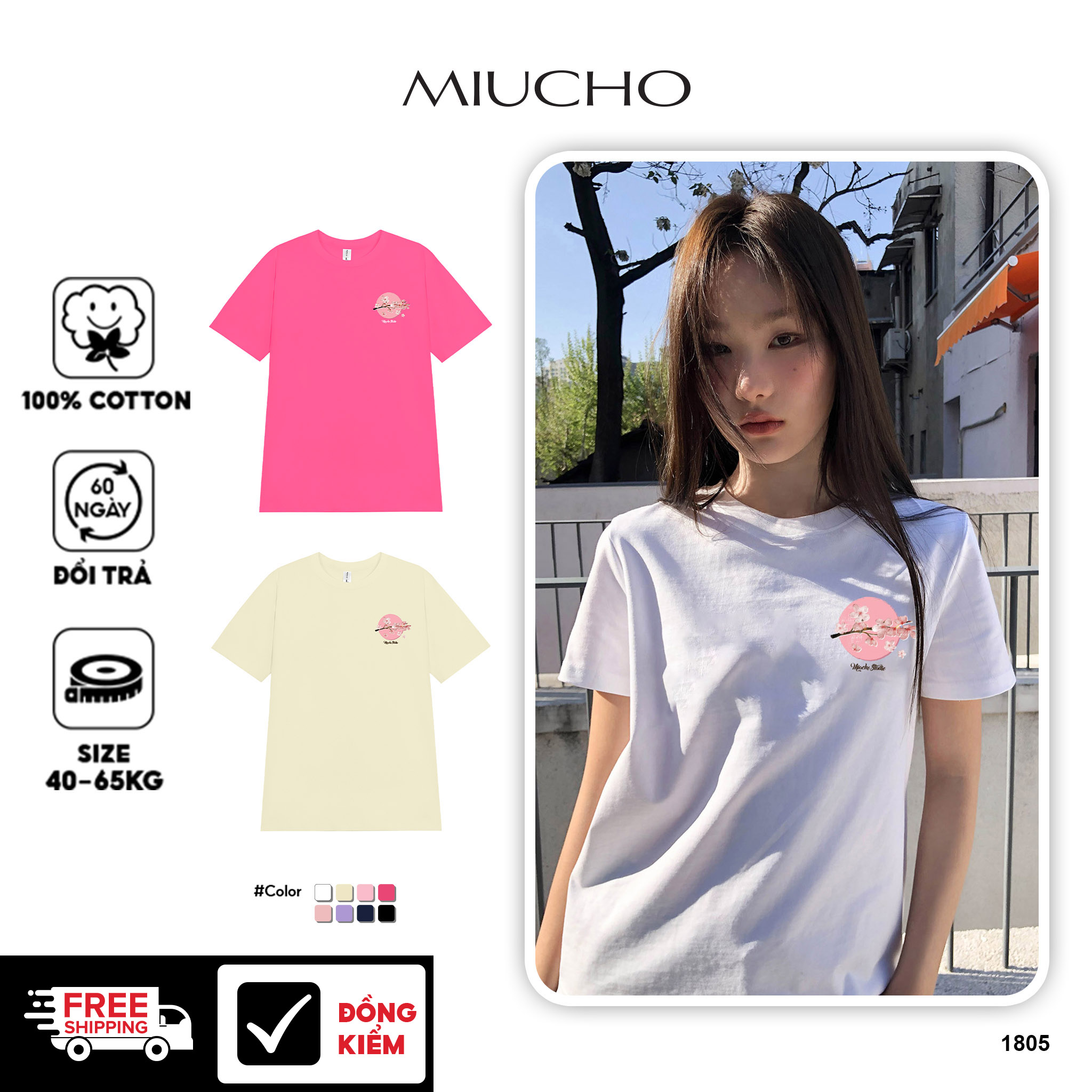 Áo thun nữ tết form vừa regular vải cotton 4c thoáng mát 1805 Miucho in basic