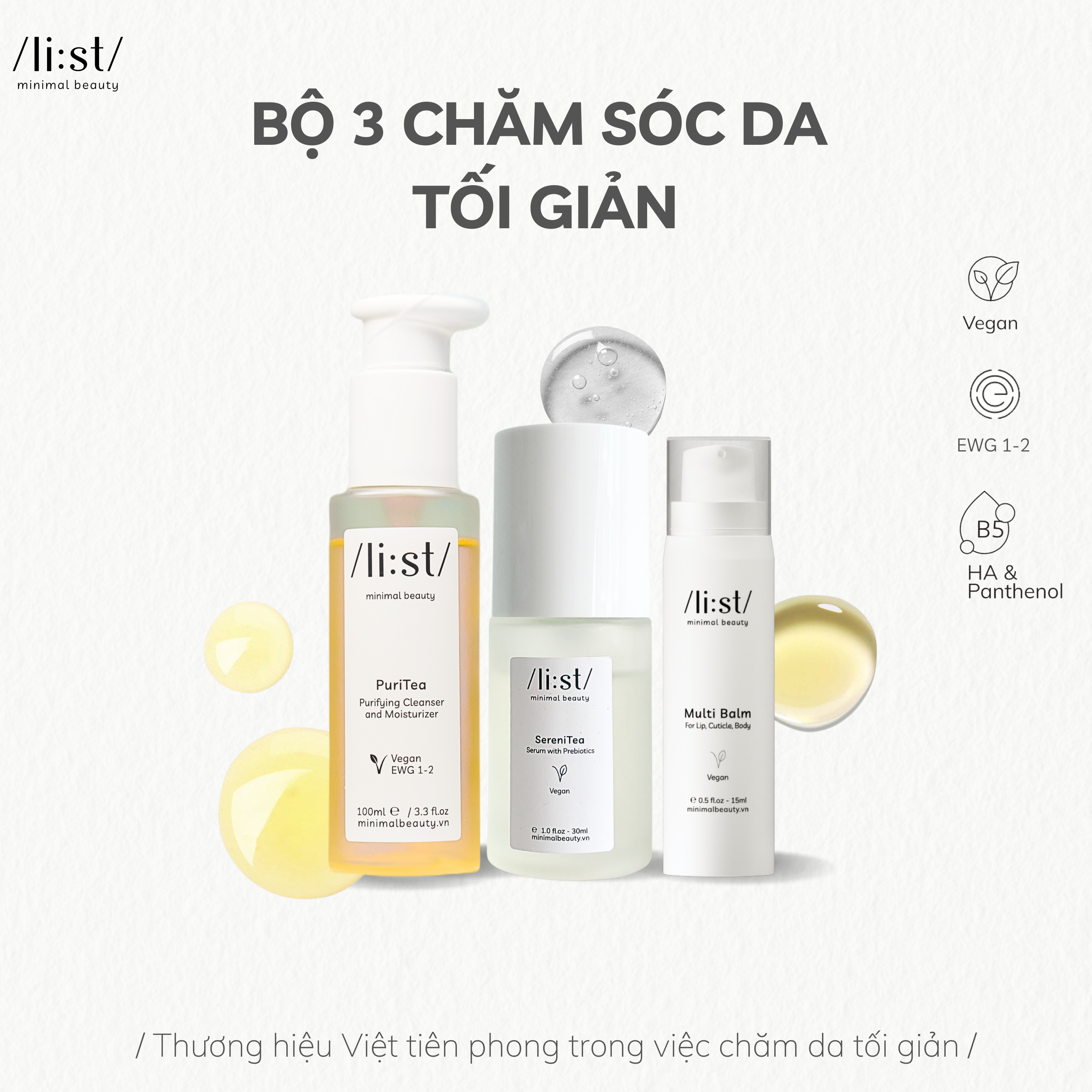 Bộ 3 Chăm Sóc Da Tối Giản Li:st Dưỡng Da, Phục Hồi, Làm Sáng Và Cấp Ẩm PuriTea 100ml, SereniTea 30ml, Multi Balm 15g