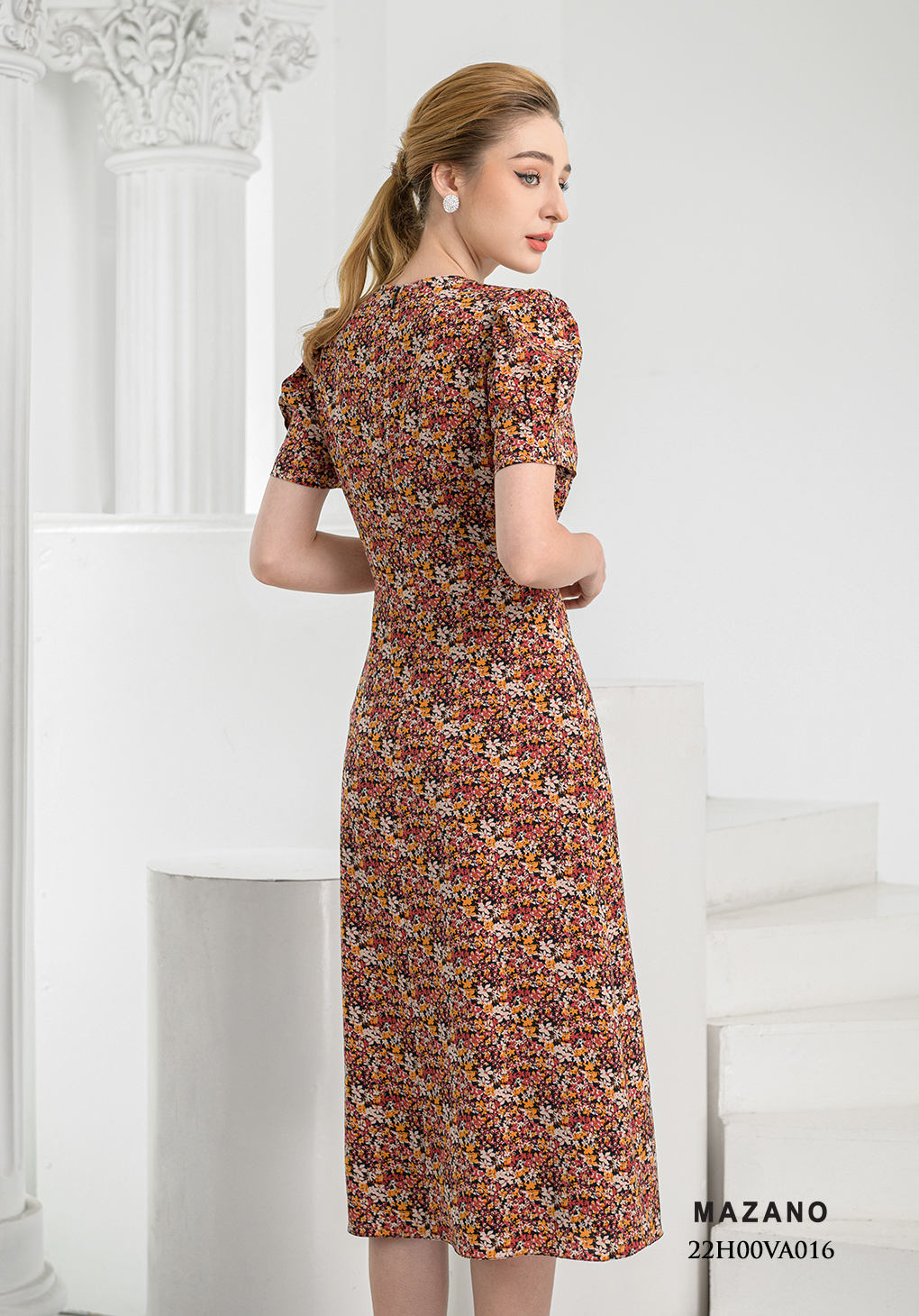 Đầm họa tiết tay bồng can eo chân xòe