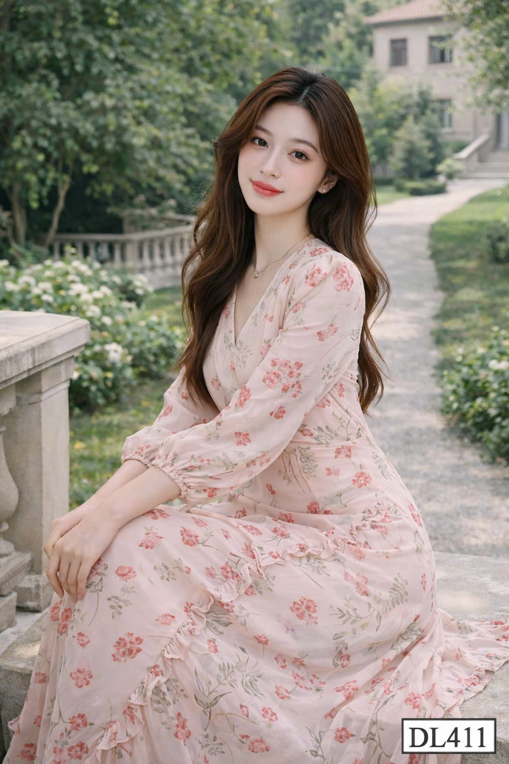 Đầm xòe hồng cổ V DL411