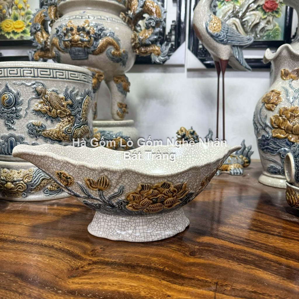 Đồ Thờ Cúng Bát Thuyền Gà Men Rạn Đắp Nổi Cao Cấp Bát Tràng