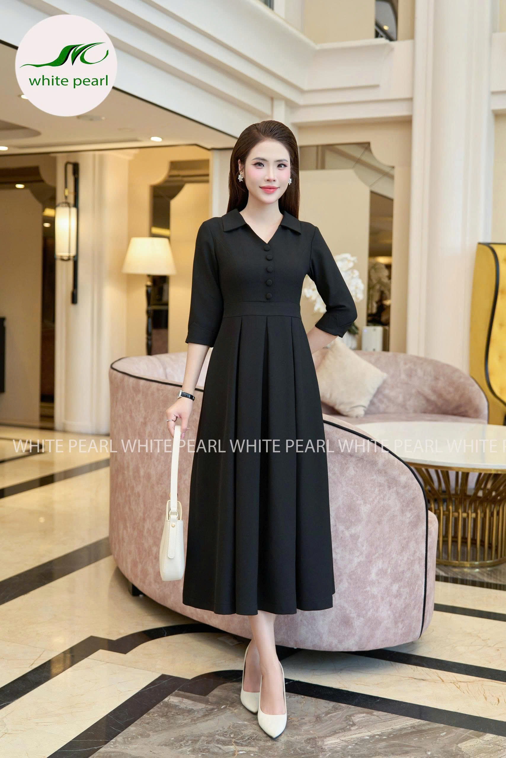 Đầm liền tay lỡ Thời Trang Công Sở Nữ Cao Cấp White Pearl