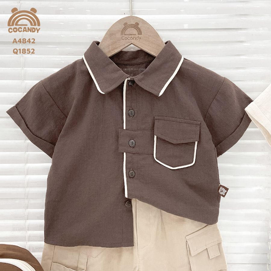 Áo cộc sơ mi NÂU phối viền BE túi ngực_thumbnail_3