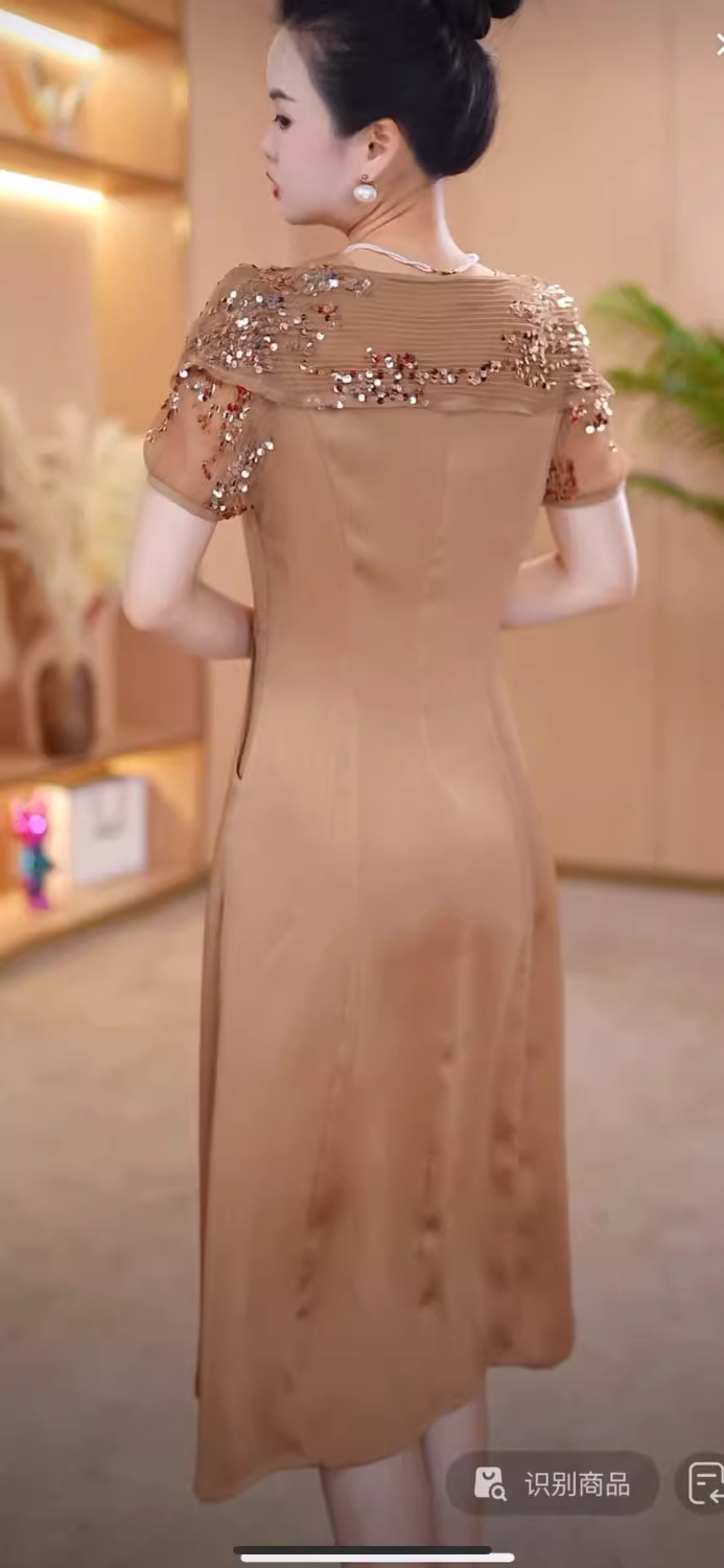 17041-Đầm A đi tiệc vai phối voan kim sa vàng nâu ( lụa, voan)_thumbnail_1