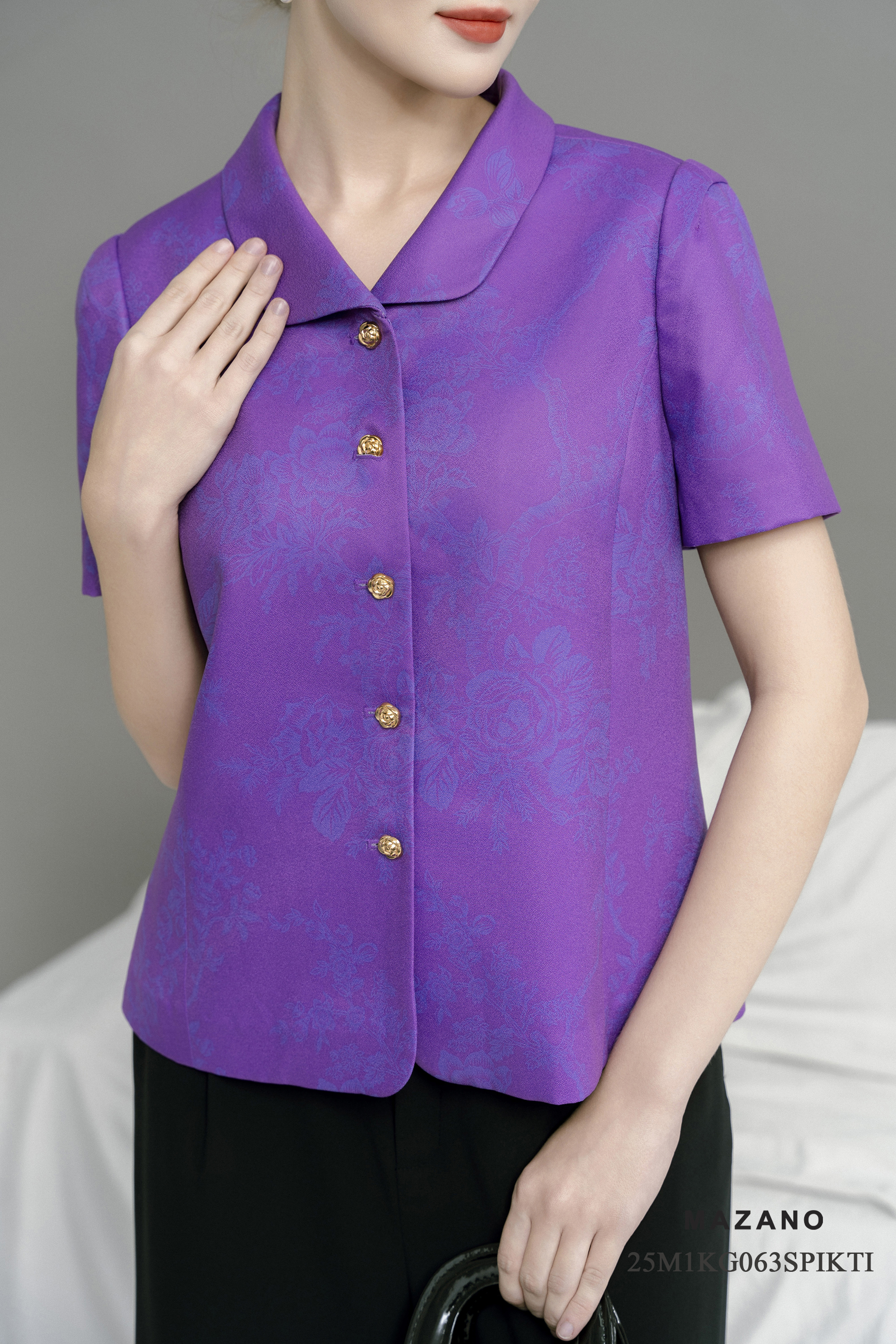 Áo ký giả Vải thô sạn In họa tiết hoa hồng cách điệu Cổ bẻ Tay ngắn Dài dưới eo_thumbnail_3