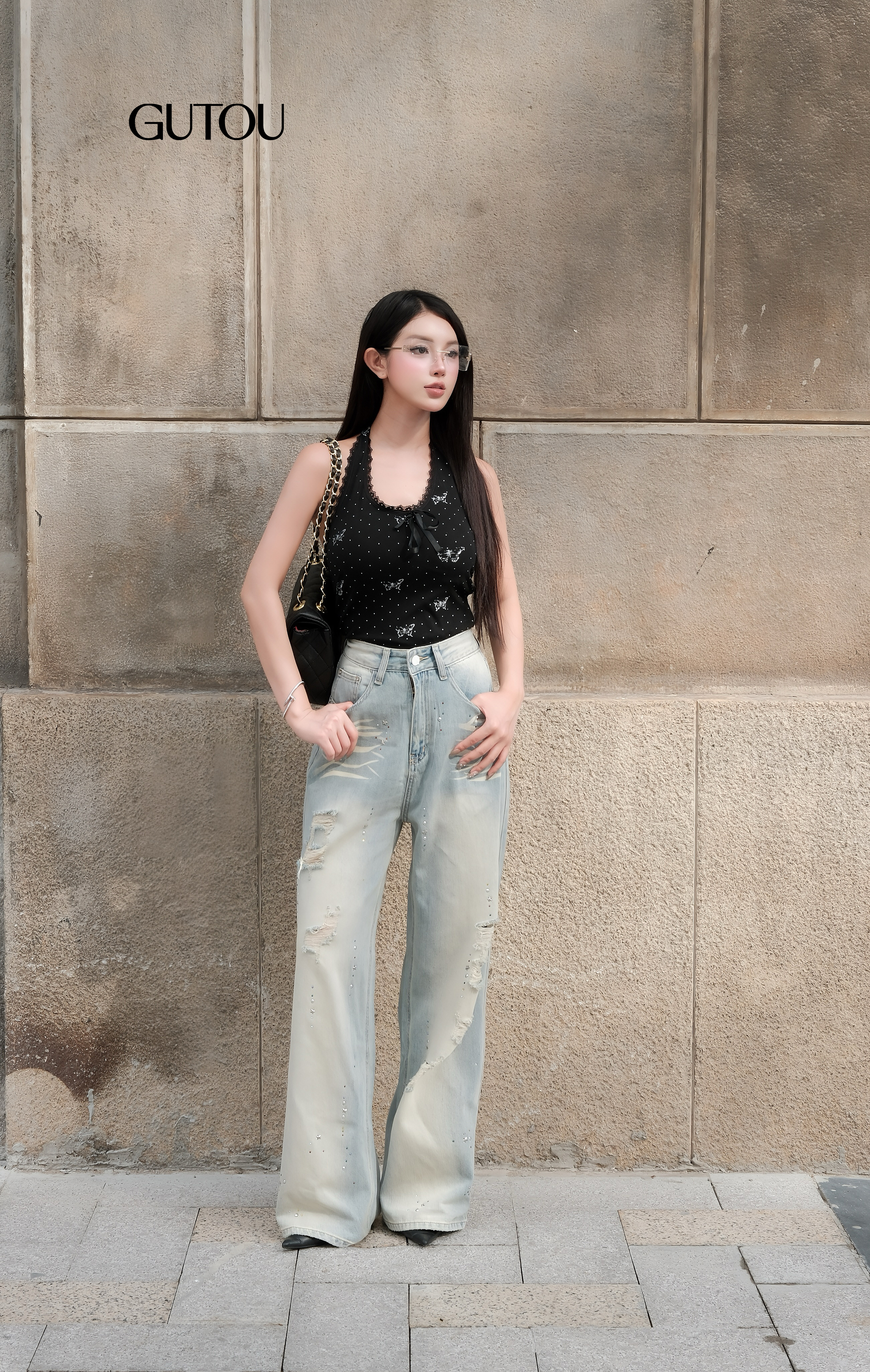 [ GUTOU ] Quần Jean Suông Wash Xước Đính Đá_thumbnail_5