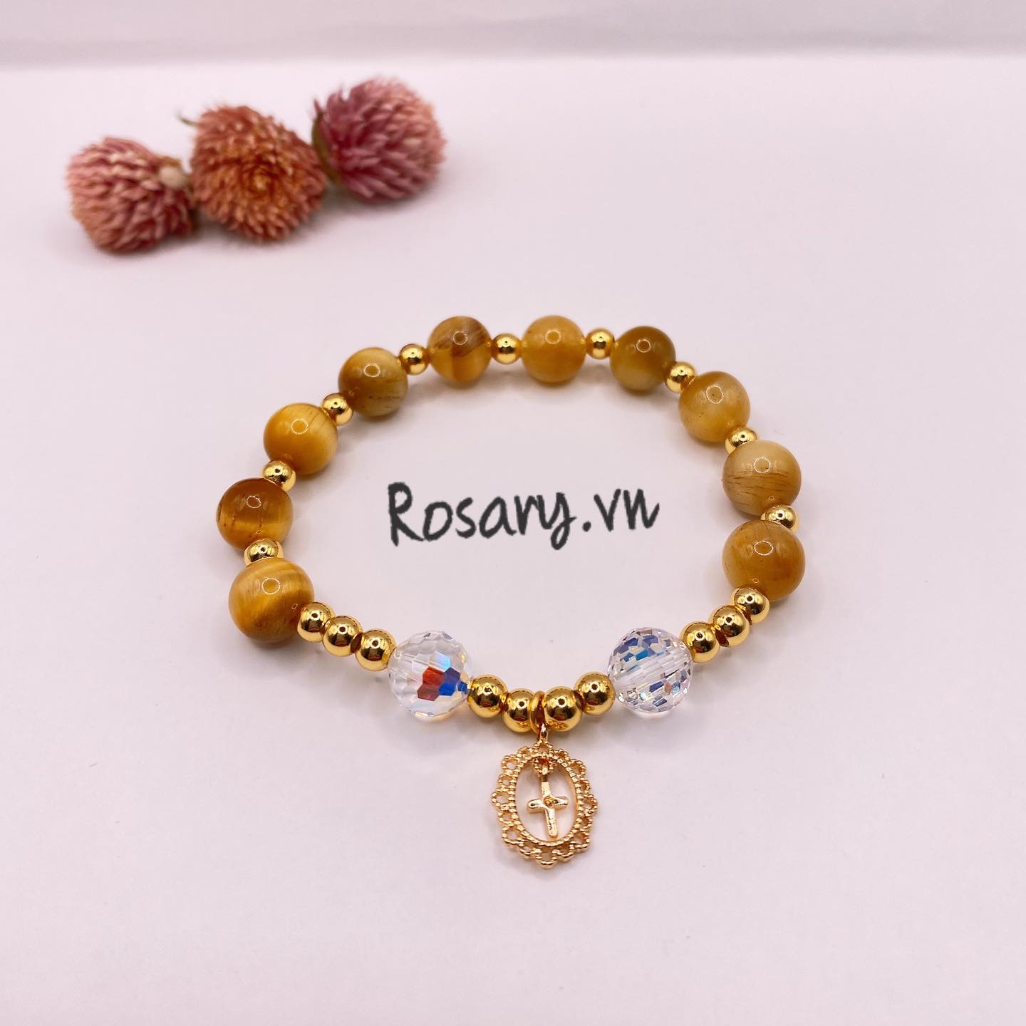 Dạ vòng tay đá mắt hổ, hạt phale mix hạt mạ vàng 18k