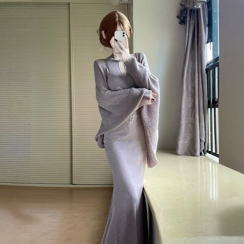 Set Đầm Dài Ôm & Áo Choàng Dệt Kim