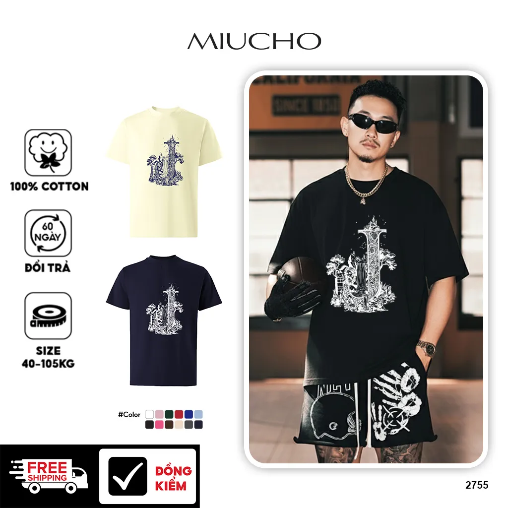Áo thun nam form rộng Miucho Iconic cotton dày dặn thoáng mát trẻ trung năng đồng in chữ cái J 2755