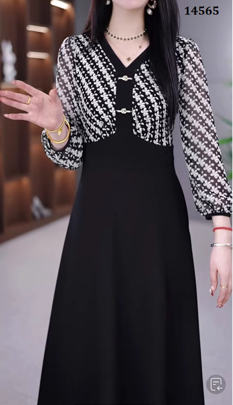 14565-Đầm xòe A phối tay dài kẻ sọc cổ  V kết nút (voan, poly 2 da)_thumbnail_1