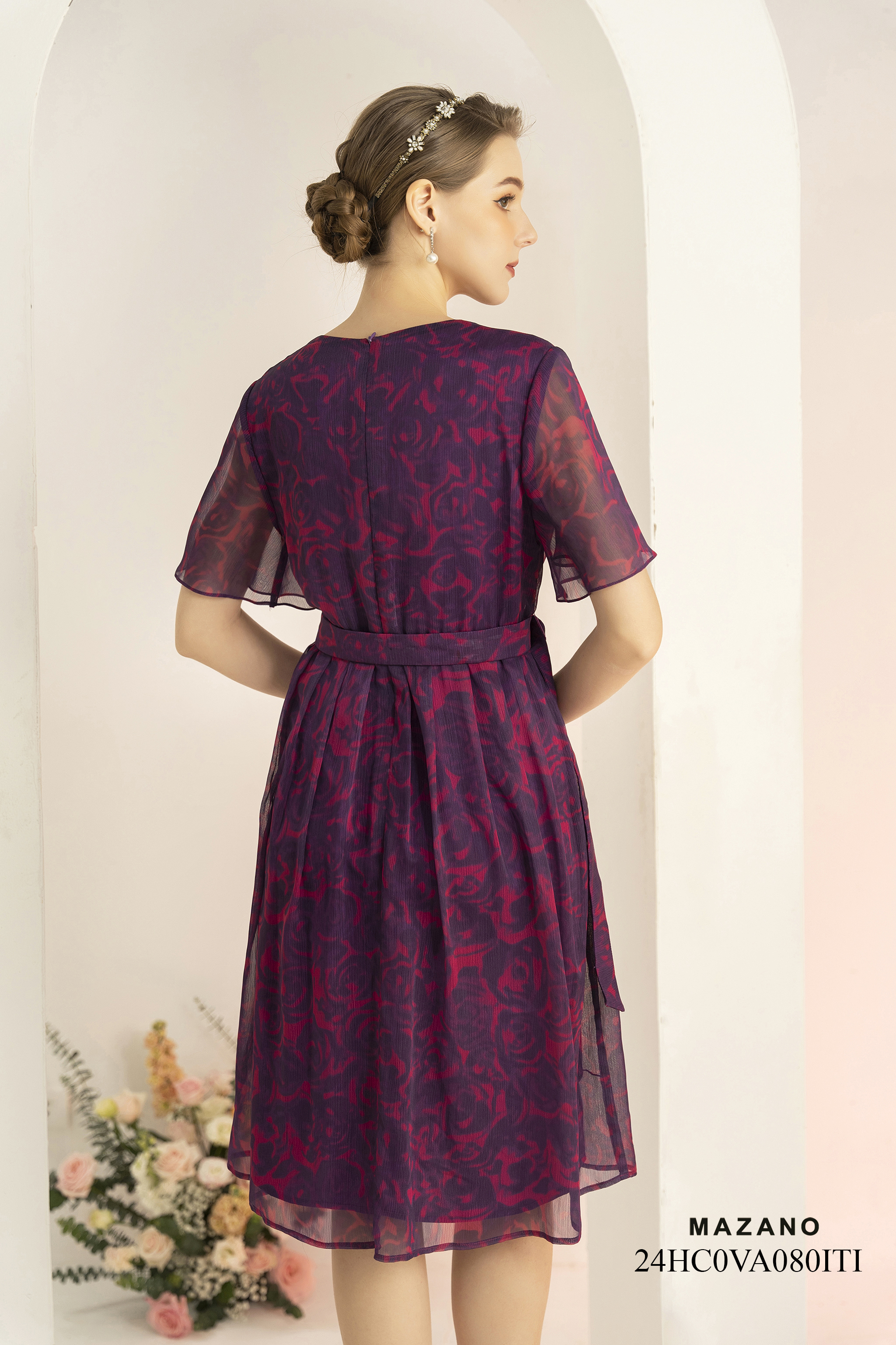 Đầm thắt đai họa tiết hoa hồng loang_thumbnail_2