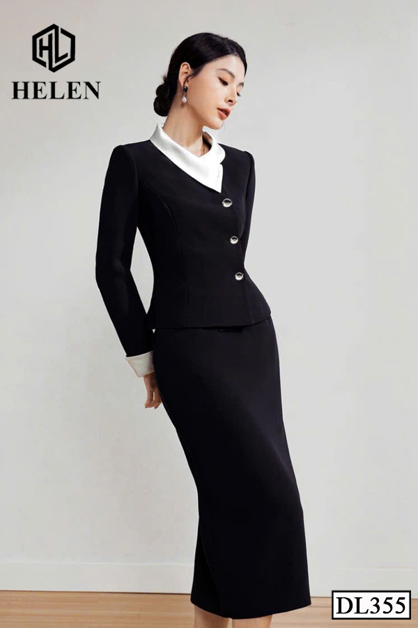 Đầm ôm peplum đen phối cổ kem DL355