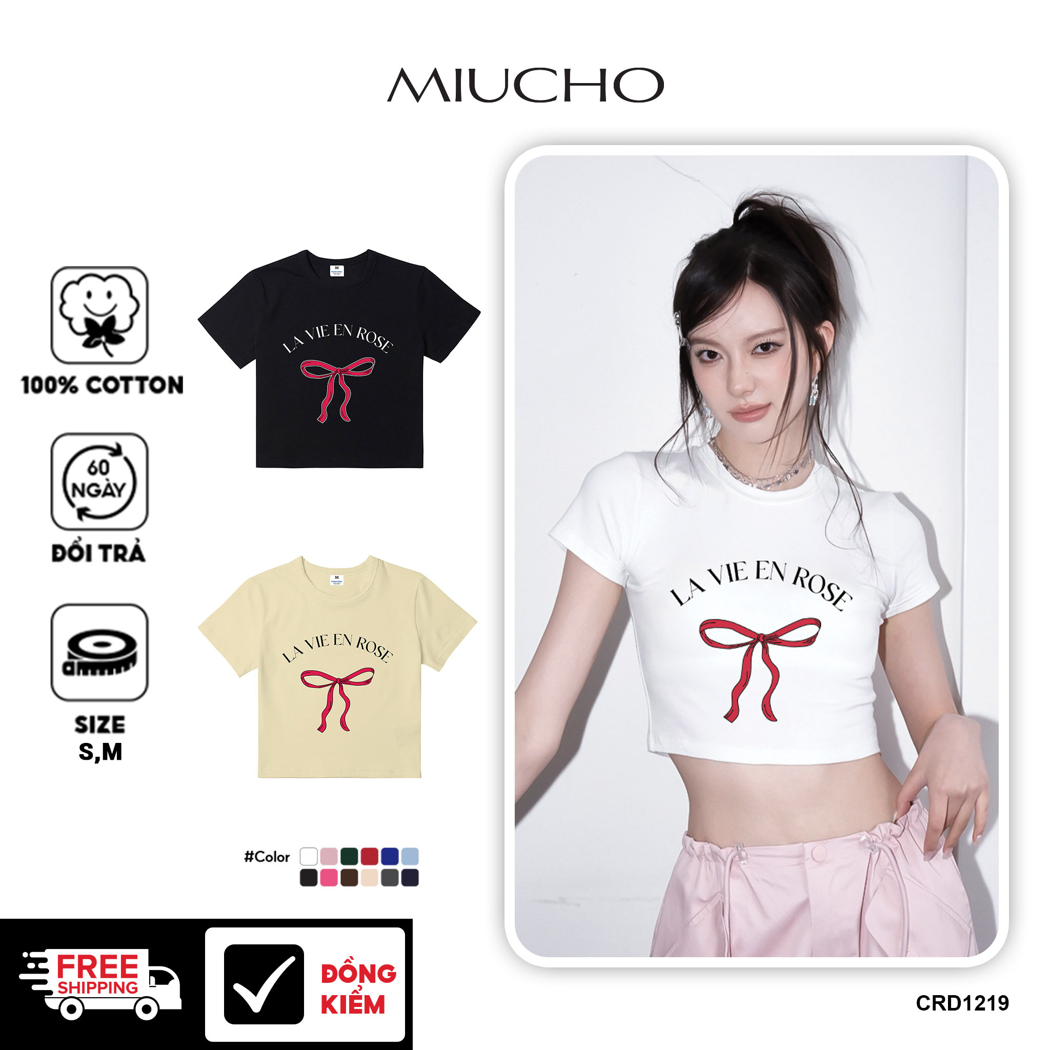 Áo croptop nơ xinh form ôm CRD1219 Miucho tay ngắn vải cotton thoáng mát cổ tòn in mix_thumbnail_1