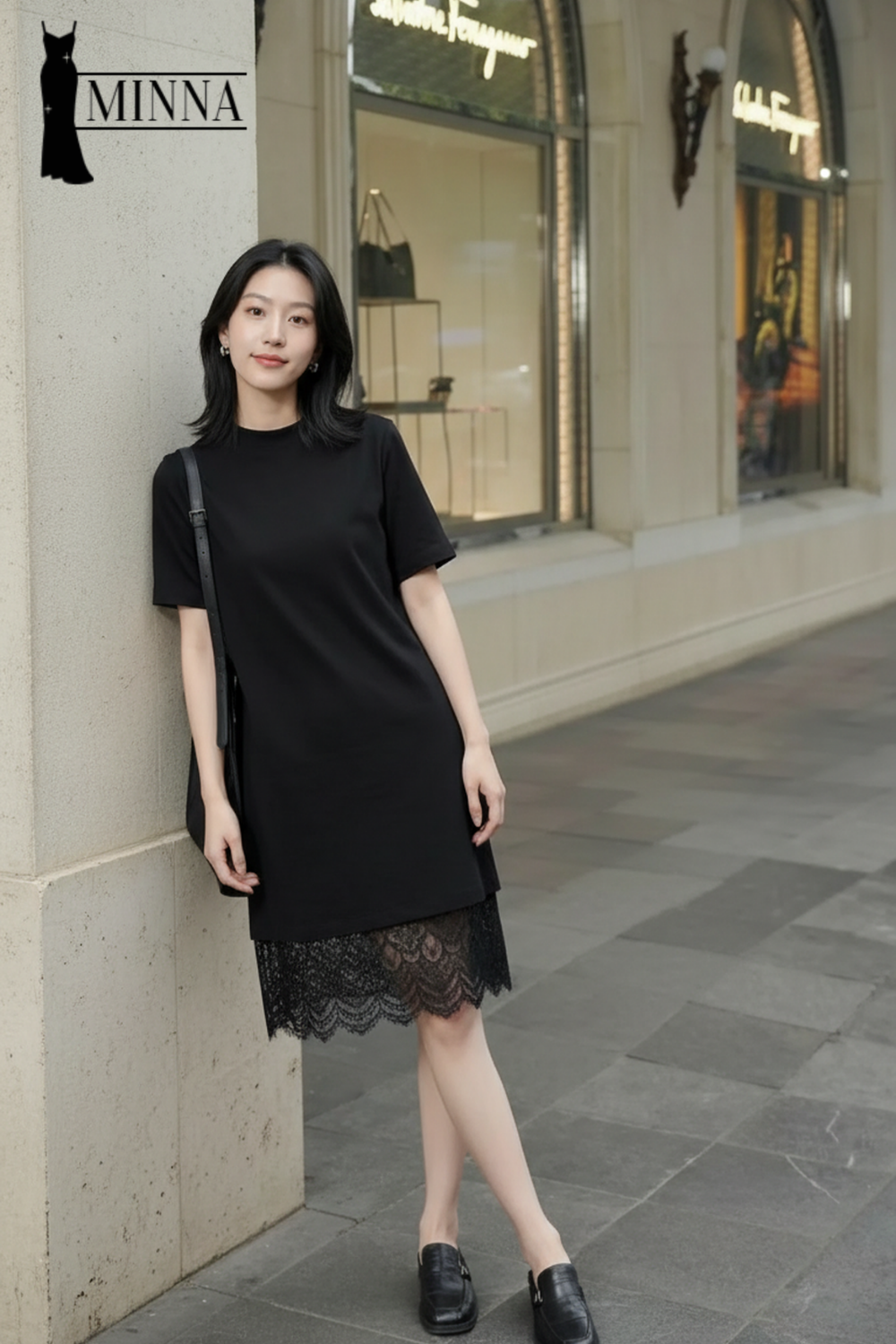 Black Lace Hem Minimal Dress - MS070