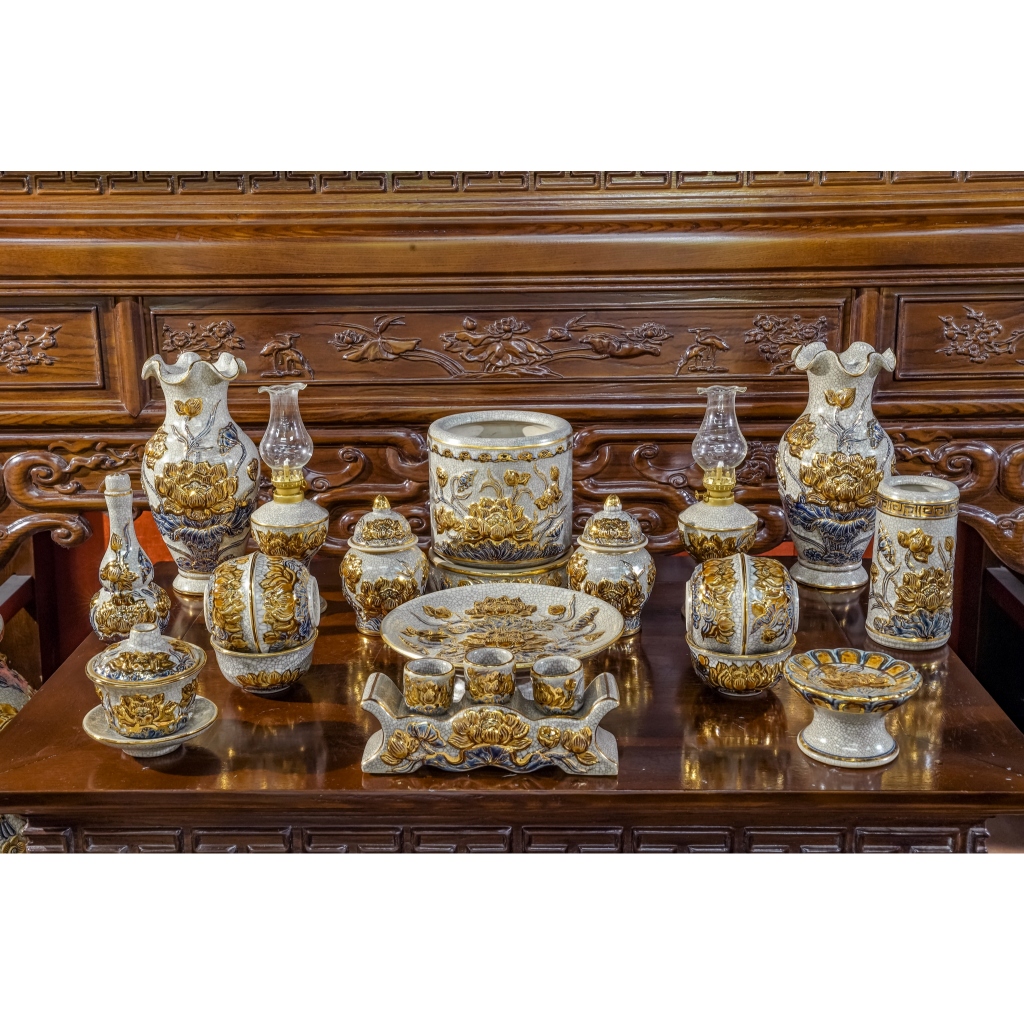 Bộ Đồ Thờ Men Rạn Hoa Sen Vẽ Vàng 24K 9999 Nghệ Nhân Chế Tác Cao Cấp Bát Tràng_thumbnail_7