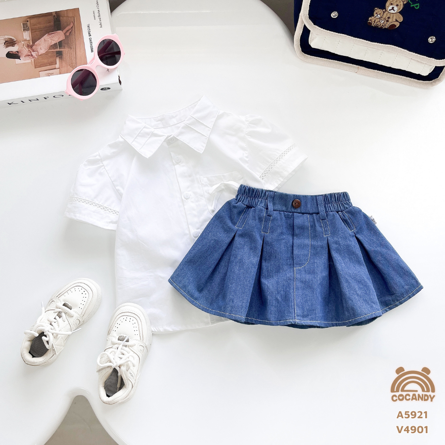 Chân váy cộc denim XANH xếp ly bản to