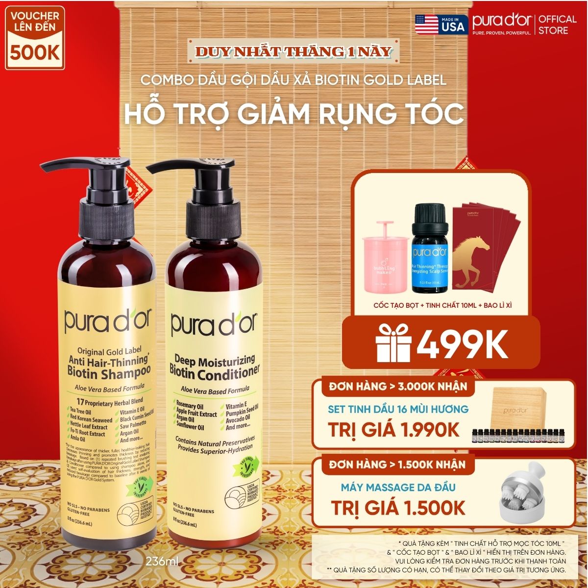 Combo Gội - Xả Biotin Pura D'or Original Gold Label & Deep Moisturizing Chăm Sóc Da Đầu, Dưỡng Ẩm Chuyên Sâu 236ml