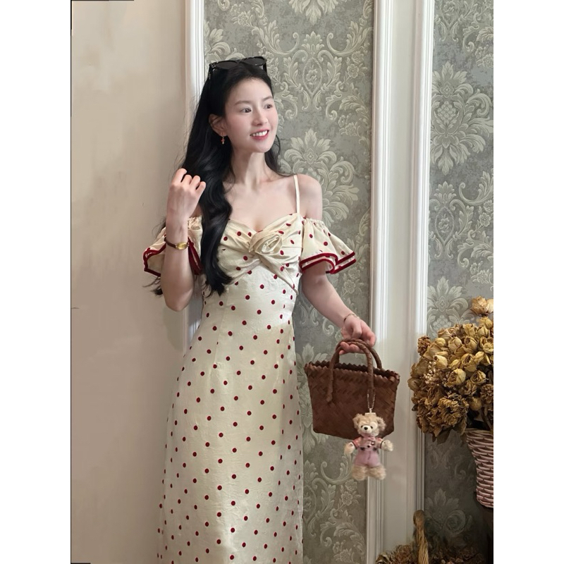 Váy lụa chấm bi dáng dài, đầm lụa dáng dài hoạ tiết chấm bi Logastore_L204