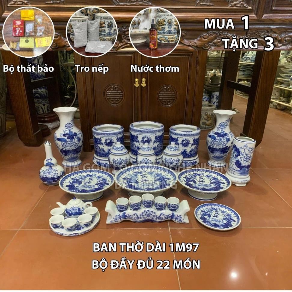 A HG390 Đồ Thờ Cúng Bộ 22 món ban thờ 1M97 men lam nghệ nhân Bát Tràng chế tác TẶNG Thất Bảo, Tro Nếp