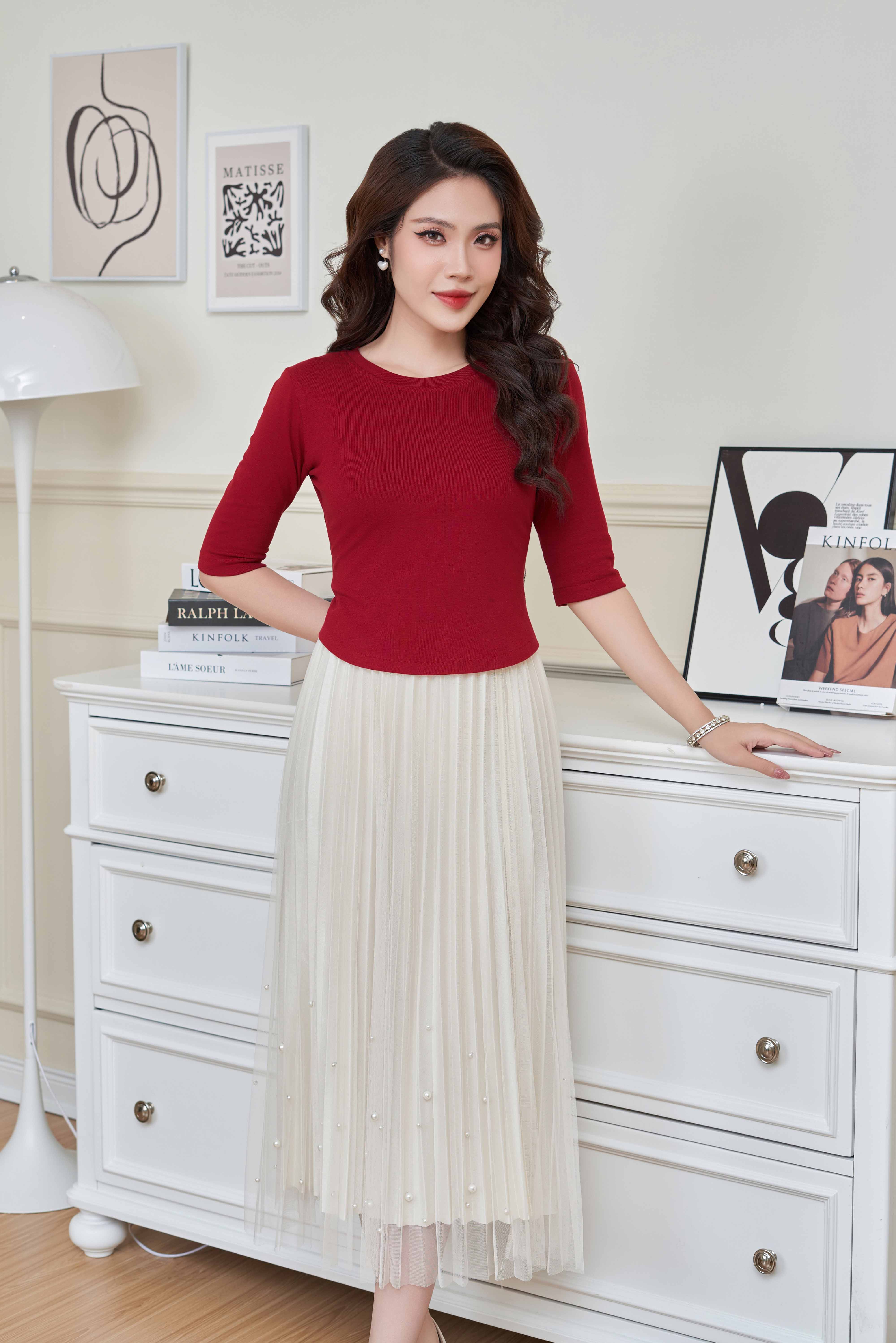 Áo thun CB tay lỡ Màu Đỏ Thời Trang Công Sở White Pearl