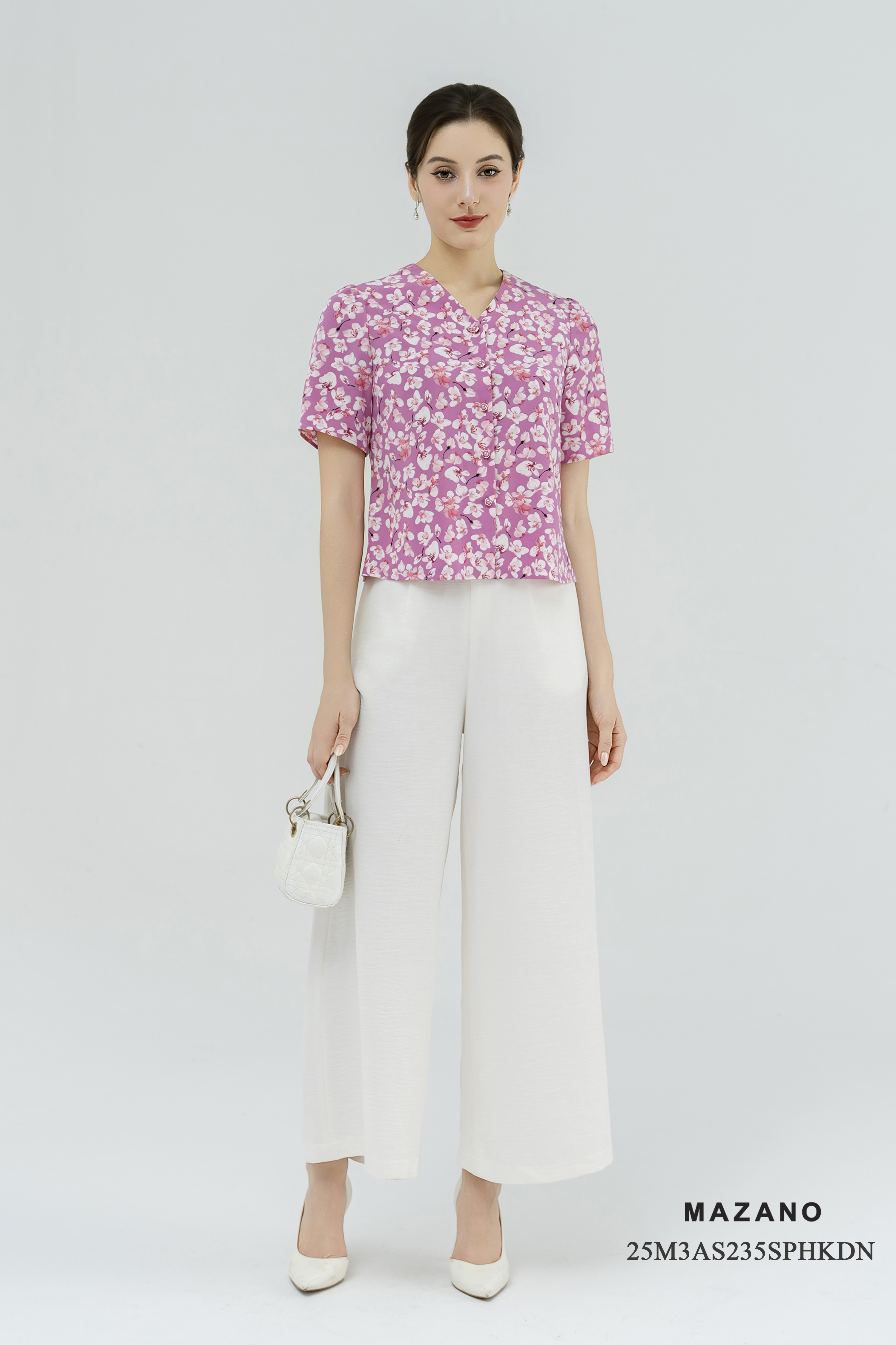 Áo sơ mi cài khuy Suông Vải thô mỏng Họa tiết hoa lan Cổ V Tay ngắn Dài dưới eo