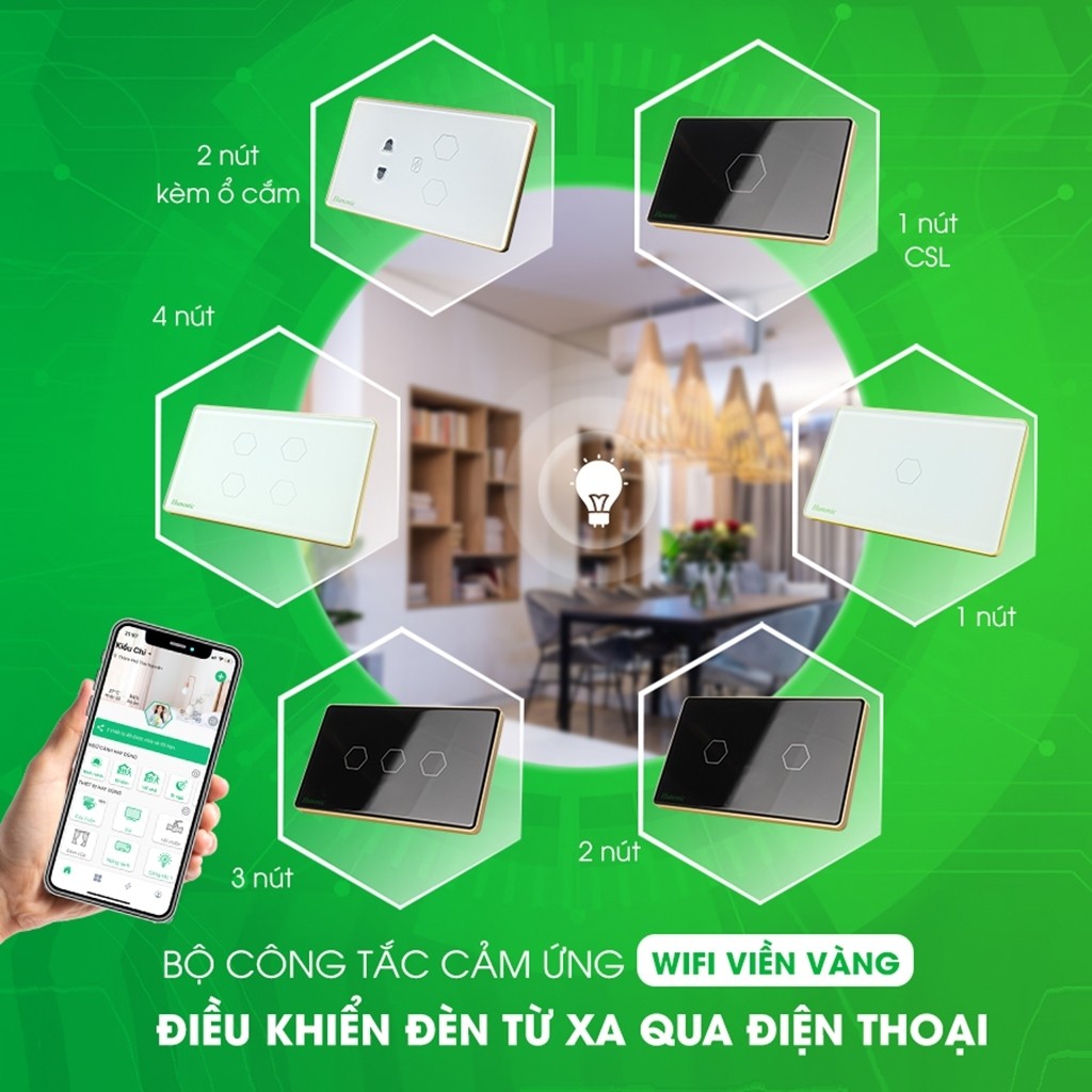 Công Tắc 2 Nút Wifi Kèm Ổ Cắm Hunonic Viền Vàng_thumbnail_2