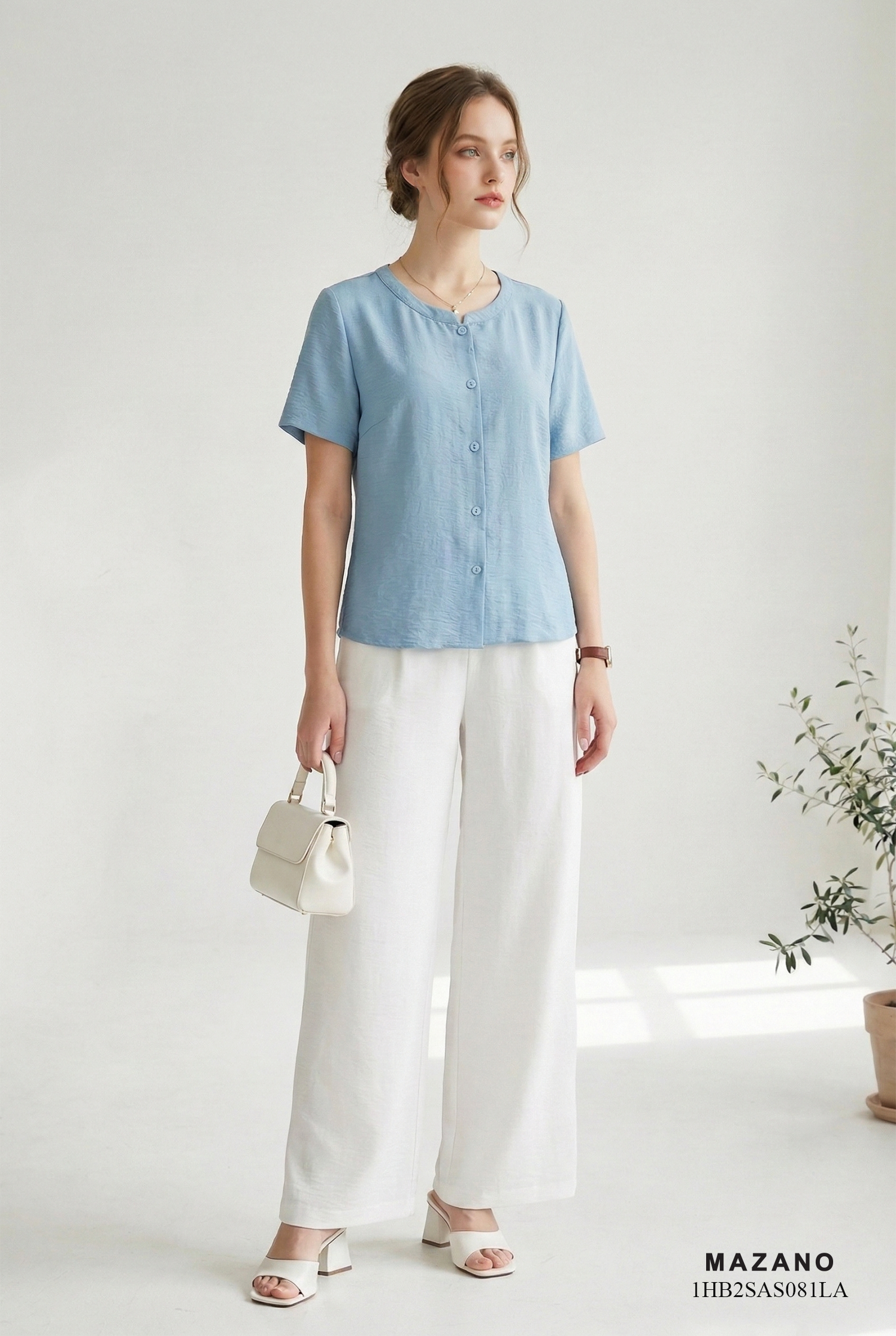 Áo sơ mi vải pha linen xanh ghi sáng dáng suông cổ tàu cách điệu thiết kế MAZANO