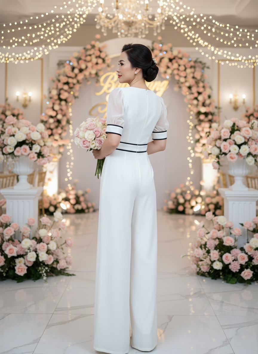 Jumpsuit dài cổ U tay bồng phối viền Phong Cách_thumbnail_3