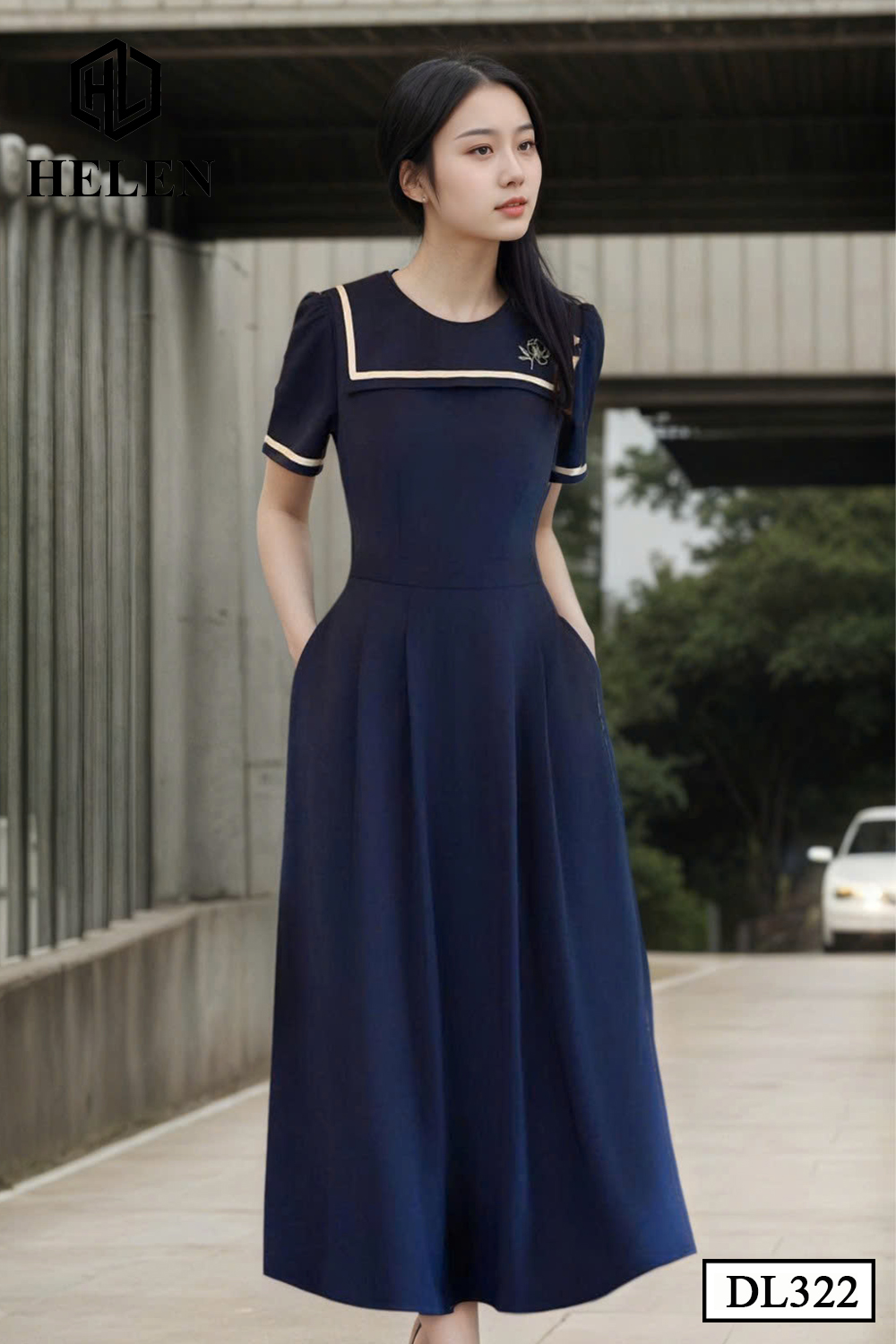 Đầm xòe xanh cổ vuông bo viền DL322