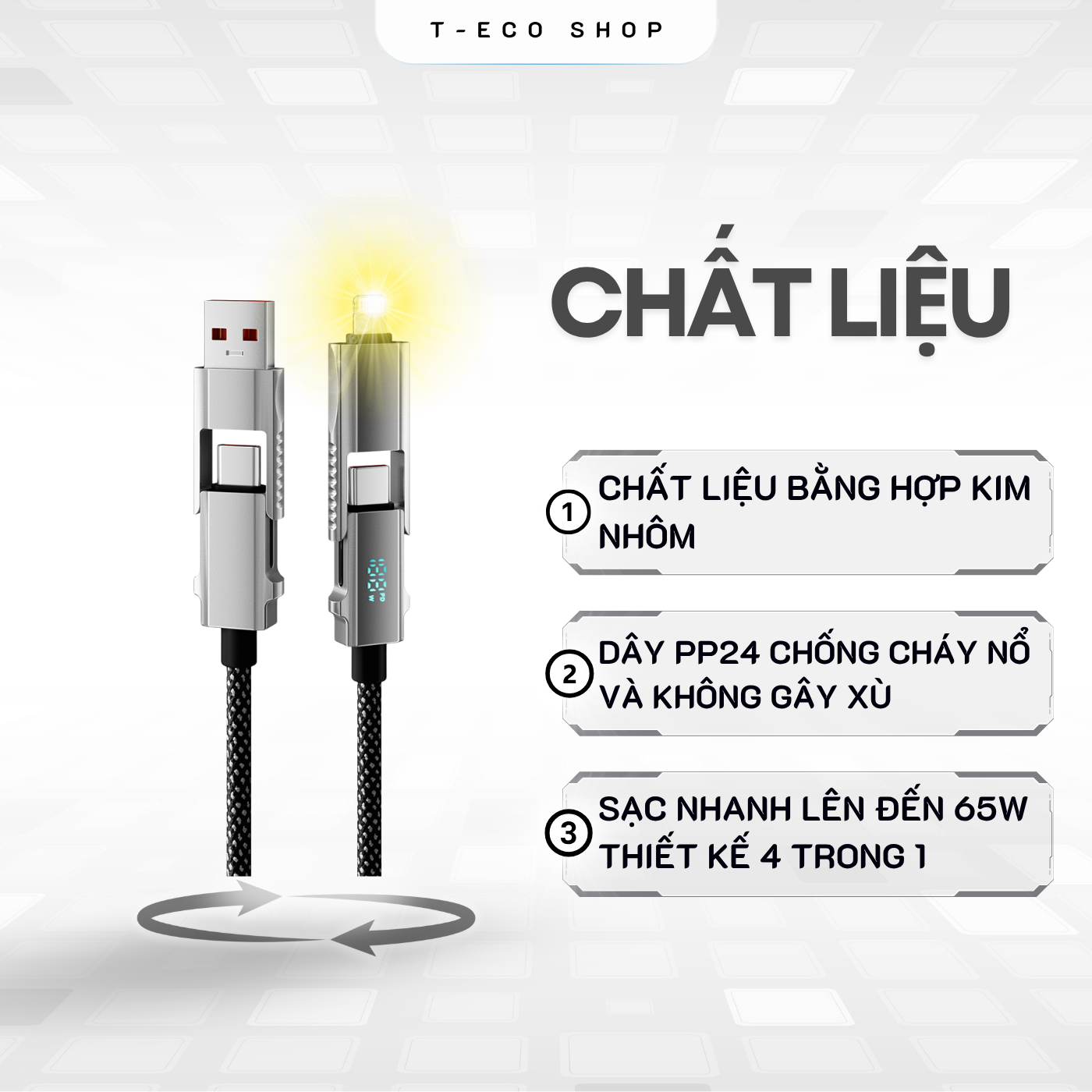 T-ECO SHOP | Cáp Sạc Nhanh 65W 4 Trong 1 – Type-C, iPhone, 1 Dây Dùng Mọi Máy, Không Rối_thumbnail_3