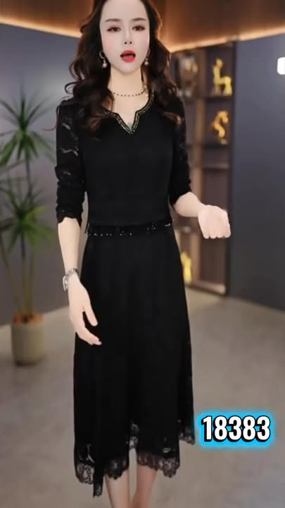 18383-Đầm xòe ren đen tay lở cổ  V giả rời ( ren,lót)