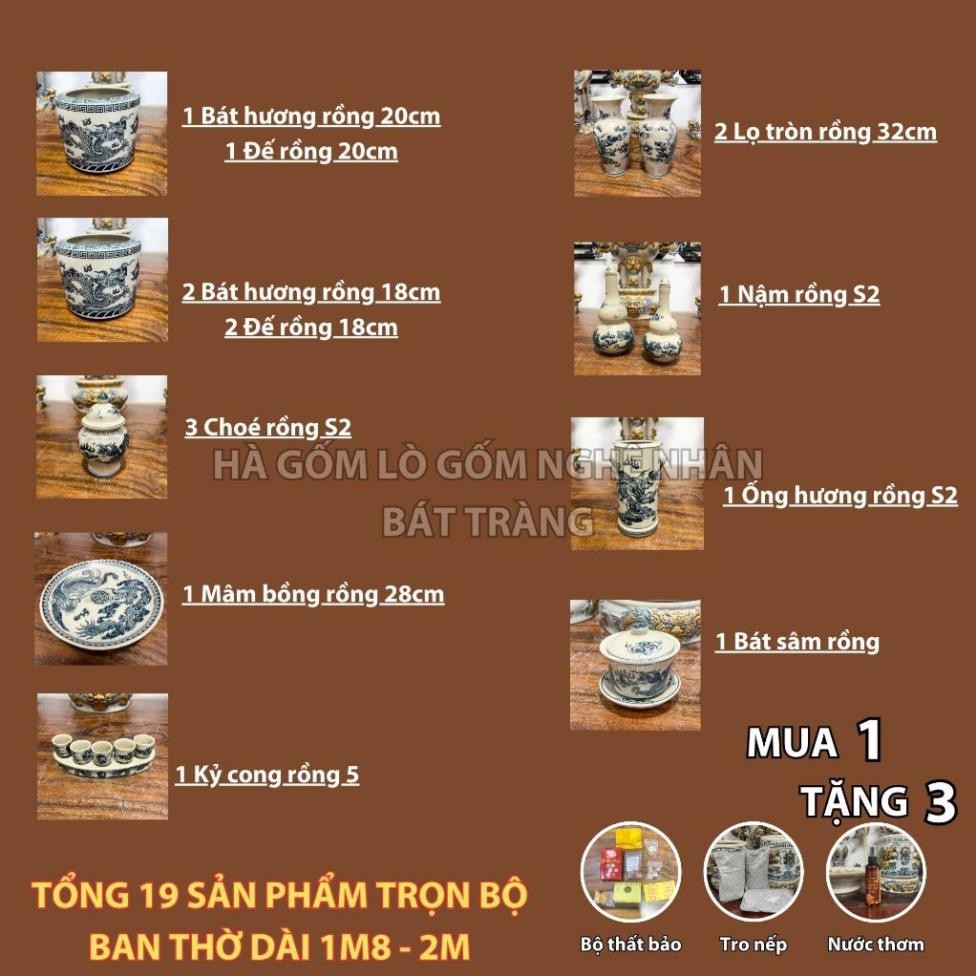 HG129 Đồ Thờ Cúng Bộ 19 món ban thờ 1M8 - 2M men rạn trơn nghệ nhân Bát Tràng chế tác TẶNG Thất Bảo, Tro Nếp_thumbnail_1