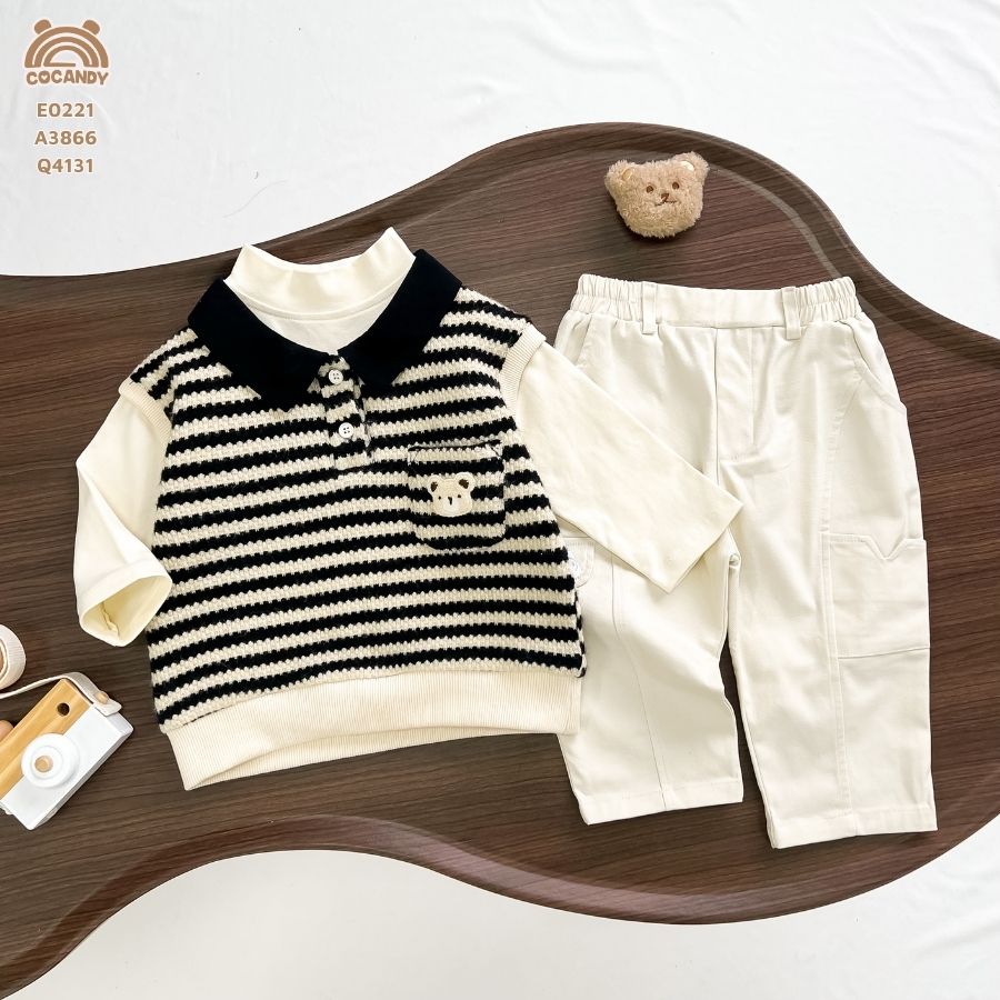 Áo len ghile ĐEN phối BE cổ bẻ túi gấu