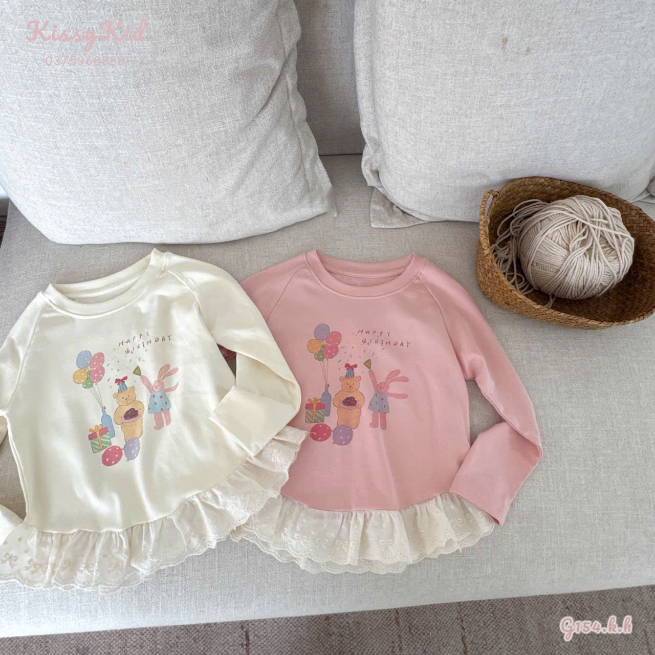 (G154) Áo thun hoạ tiết gấu sinh nhật 2 màu kem và hồng TXL_thumbnail_0