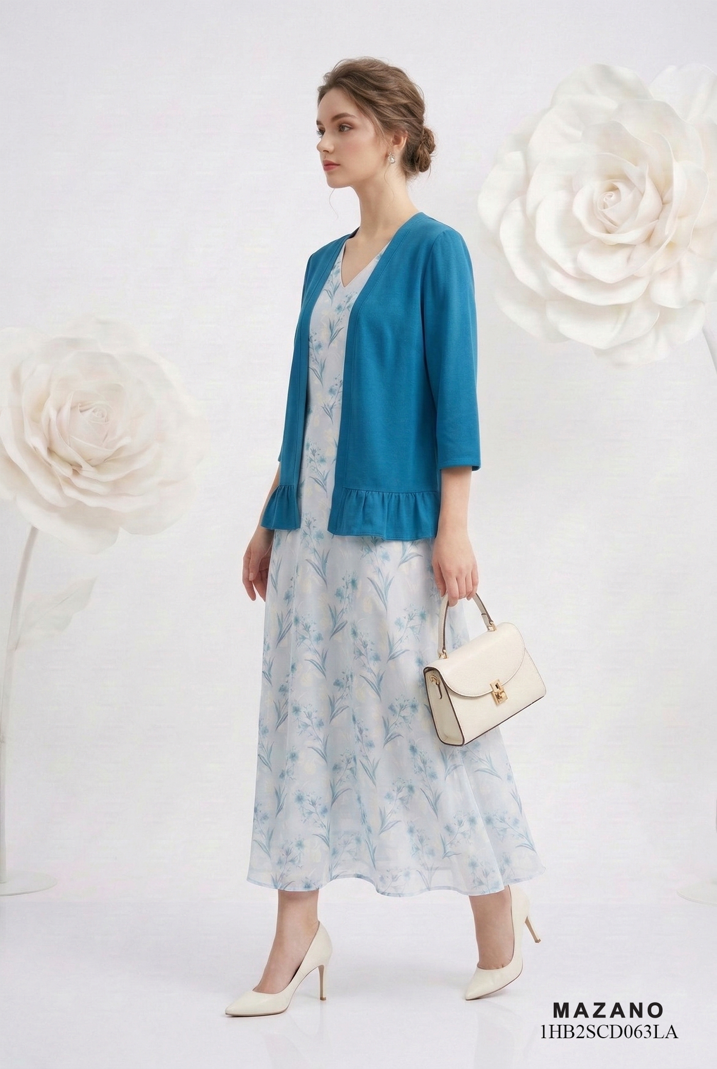 Áo cardigan vải voan dày màu xanh cổ vịt dáng suông trang trí bèo gấu thiết kế MAZANO