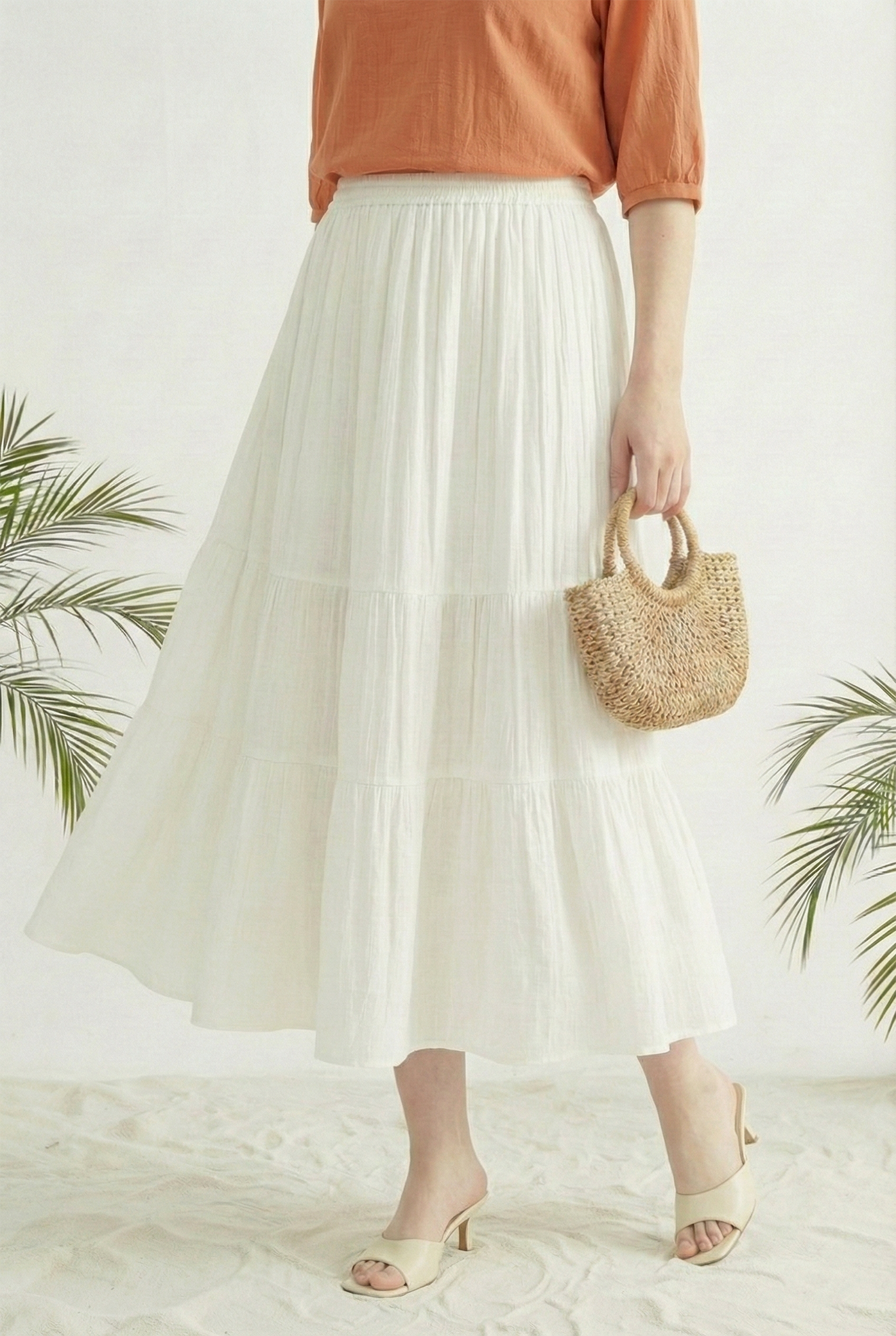 Chân váy trắng vải pha linen nhún xòe 3 tầng cạp chun thiết kế MAZANO 1HA1SCV017TR_thumbnail_3