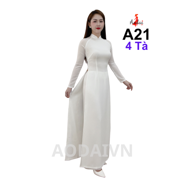 HS21 Áo dài học sinh 4 Tà, cổ cao 3cm tay dài Lụa Chinh Phông đẹp màu trắng sứ may 2 lớp chất lượng