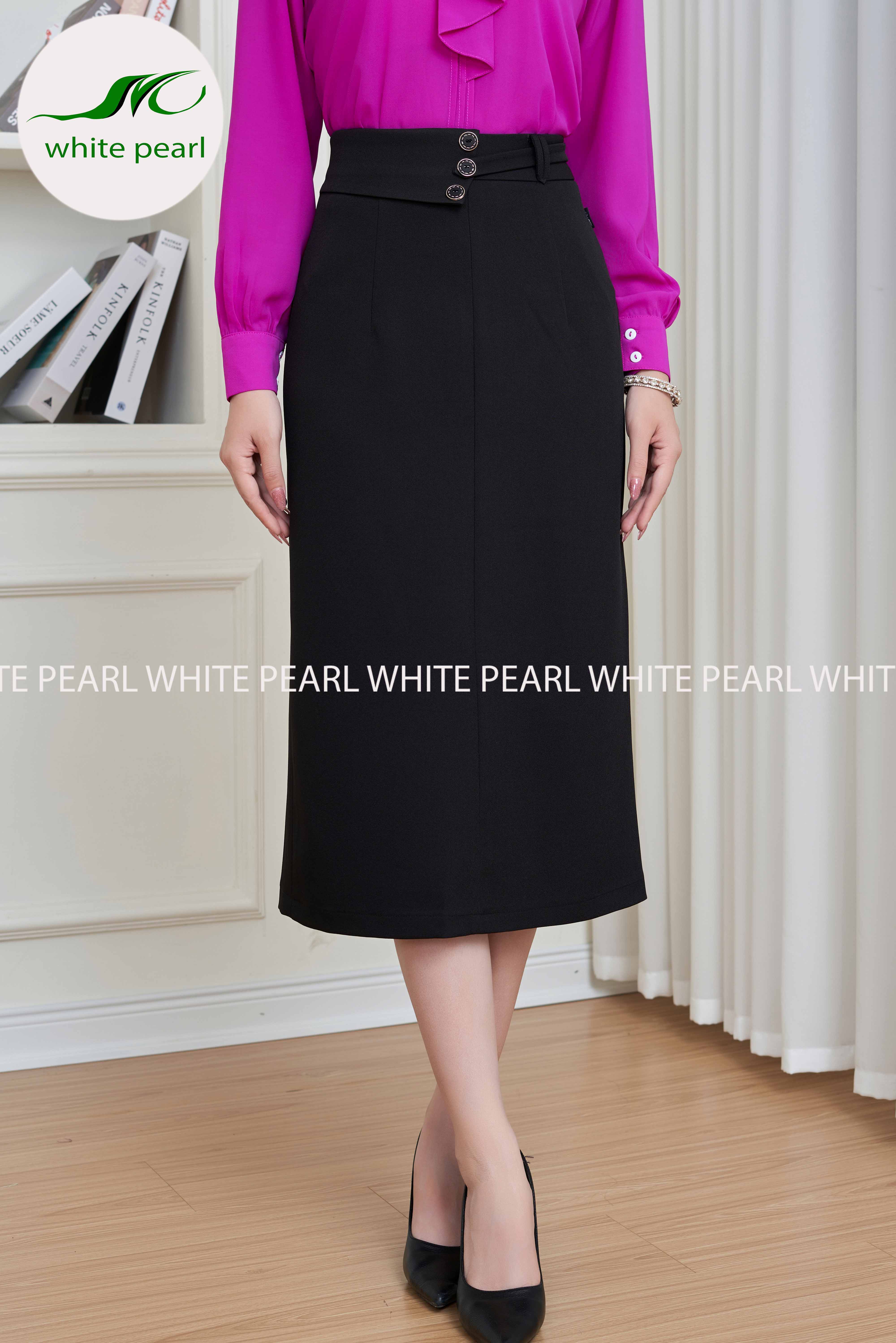 Chân váy ôm xuông vạt giả 3 cúc Màu đen thời trang công sở cao cấp White Pearl_thumbnail_2